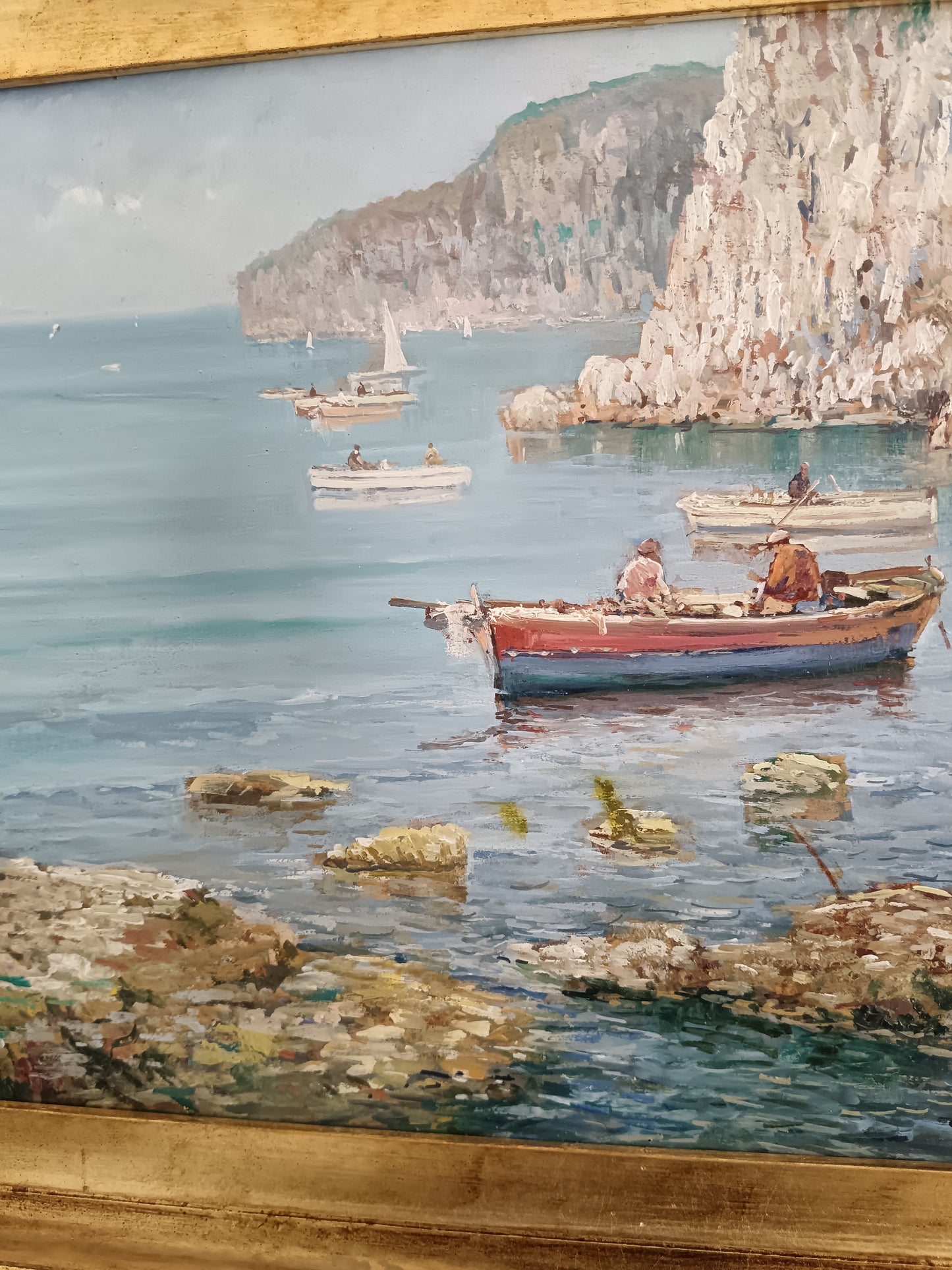 Eniko Esposito (1942-2009) – Marina con Barche, Olio su Legno Firmato 1985