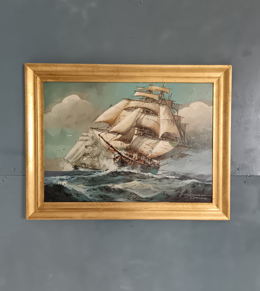 Herman Conrad – Grande Marina con Veliero in Tempesta – Olio su Tela 70x50
