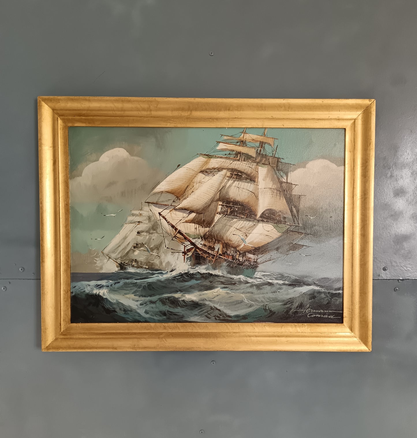 Herman Conrad – Grande Marina con Veliero in Tempesta – Olio su Tela 70x50