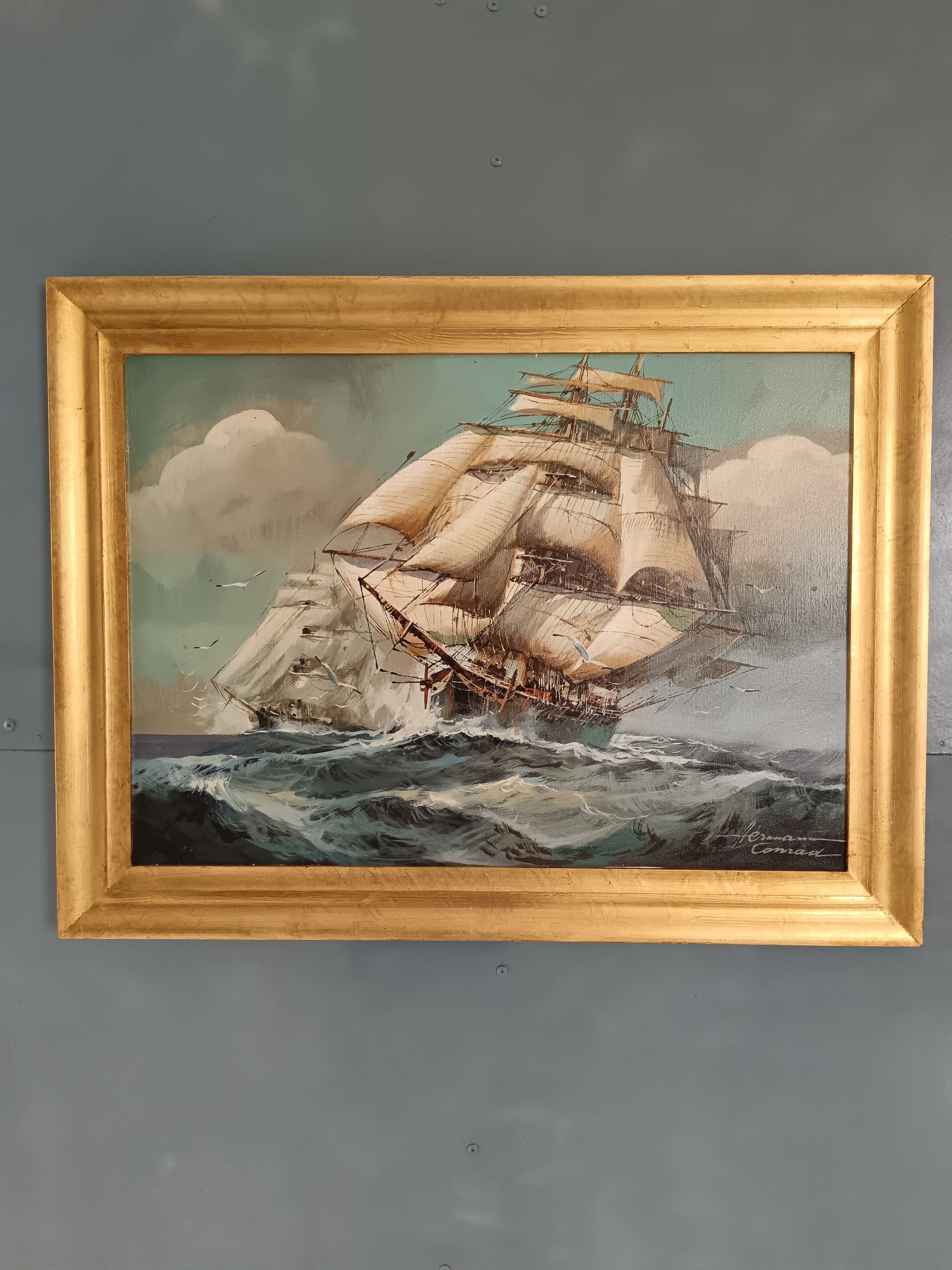 Herman Conrad – Grande Marina con Veliero in Tempesta – Olio su Tela 70x50
