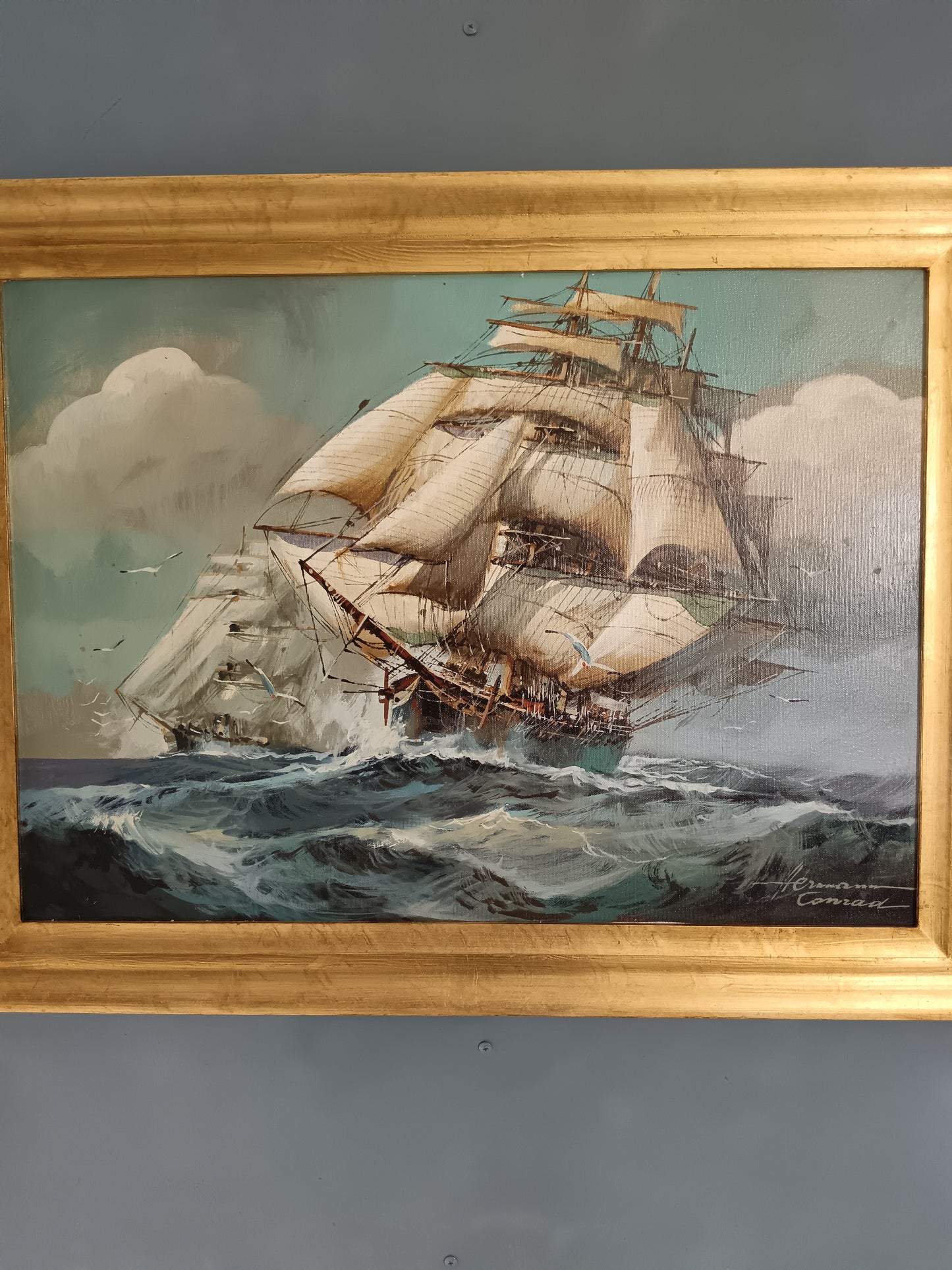 Herman Conrad – Grande Marina con Veliero in Tempesta – Olio su Tela 70x50