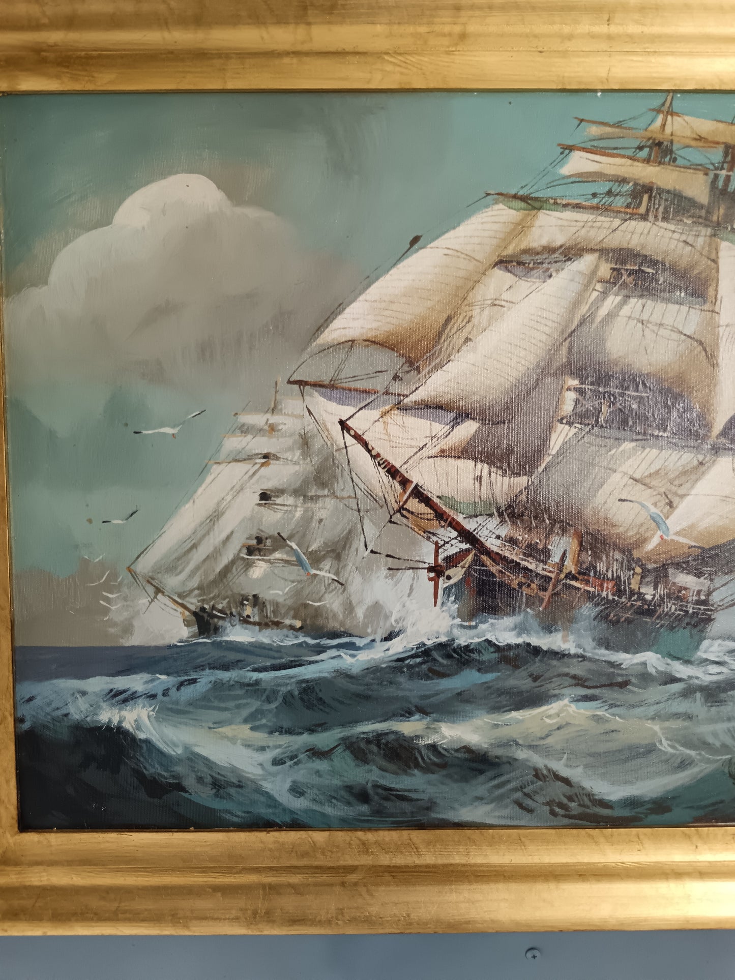 Herman Conrad – Grande Marina con Veliero in Tempesta – Olio su Tela 70x50