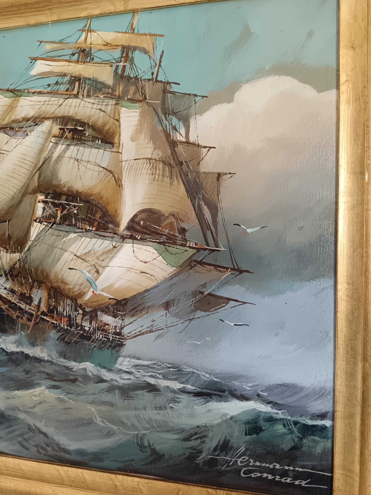 Herman Conrad – Grande Marina con Veliero in Tempesta – Olio su Tela 70x50