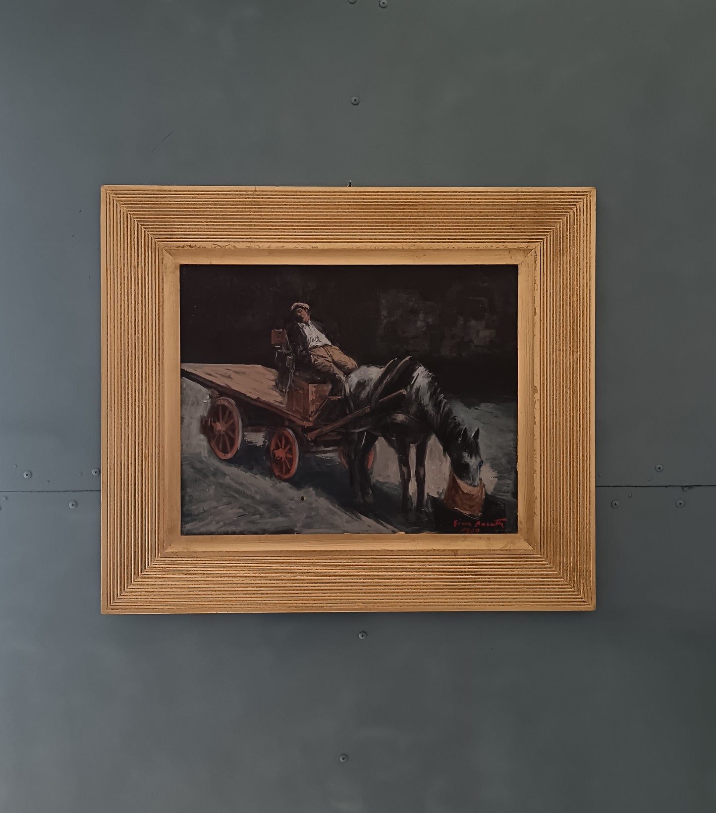 Gino Baratta – Carrettiere con Cavallo, Olio su Tela Firmato 1980, Quadro Vintage Italiano 50x40