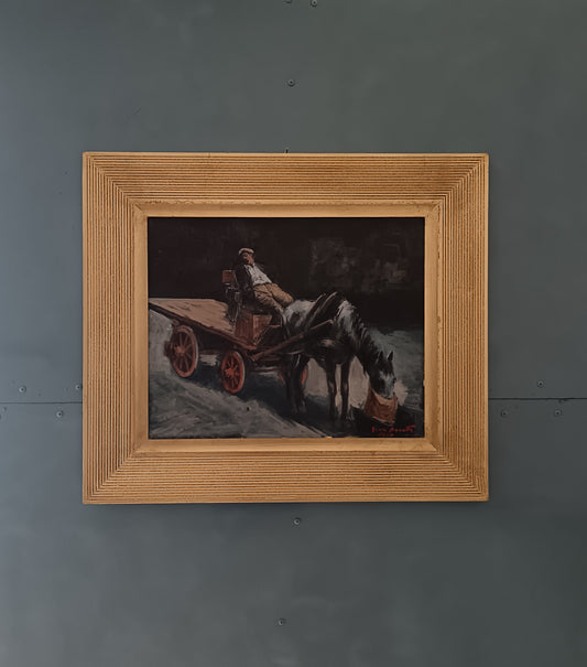 Gino Baratta – Carrettiere con Cavallo, Olio su Tela Firmato 1980, Quadro Vintage Italiano 50x40