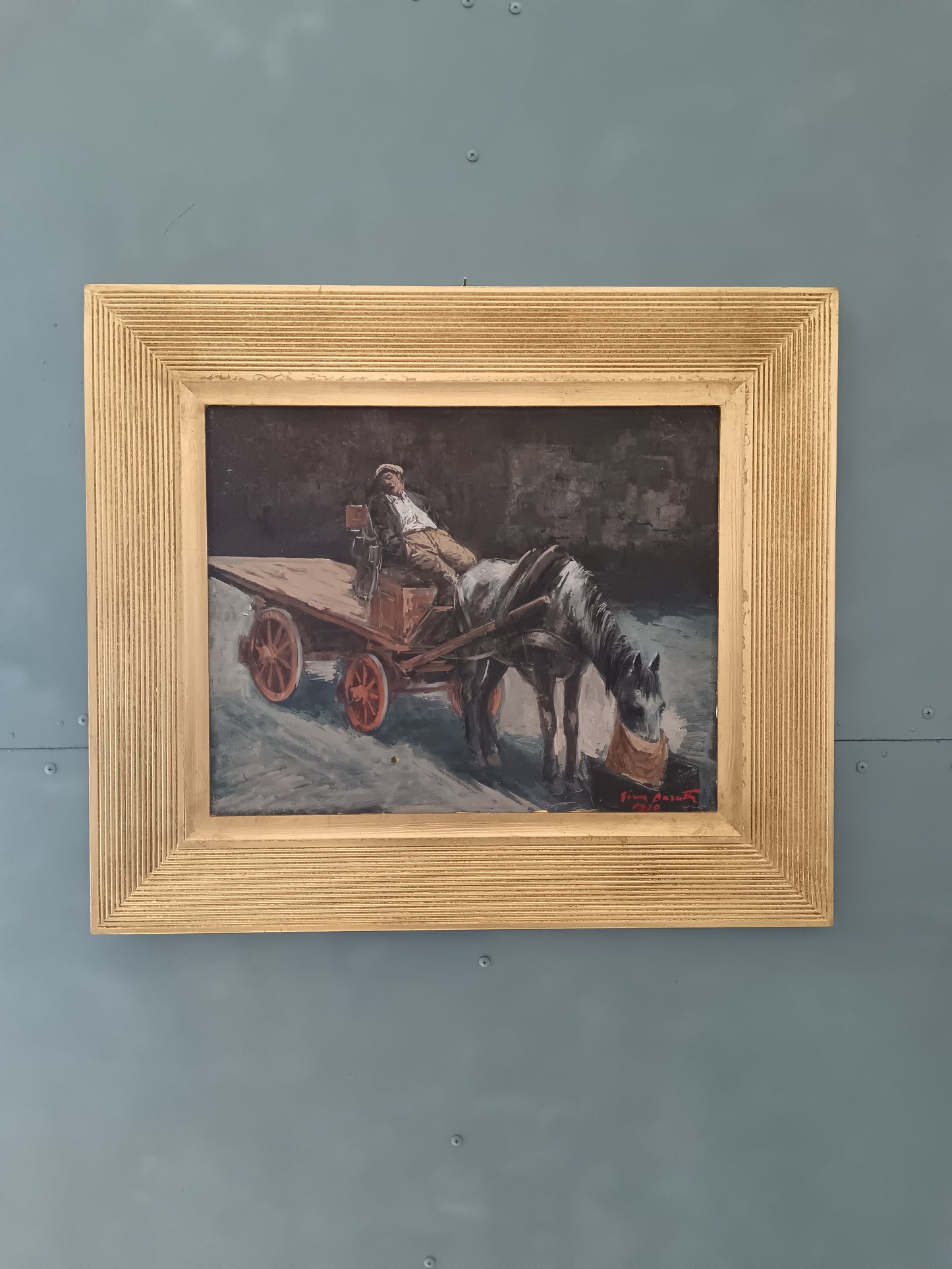 Gino Baratta – Carrettiere con Cavallo, Olio su Tela Firmato 1980, Quadro Vintage Italiano 50x40