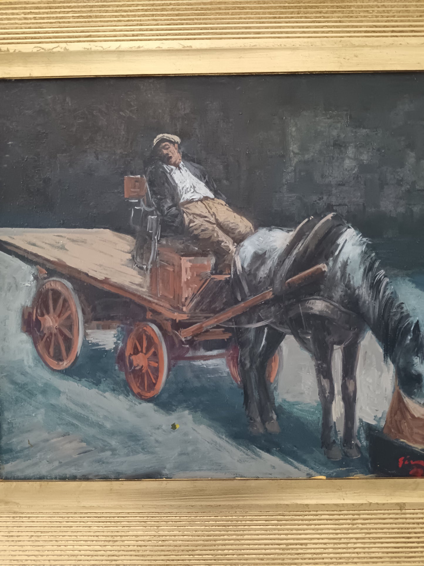 Gino Baratta – Carrettiere con Cavallo, Olio su Tela Firmato 1980, Quadro Vintage Italiano 50x40