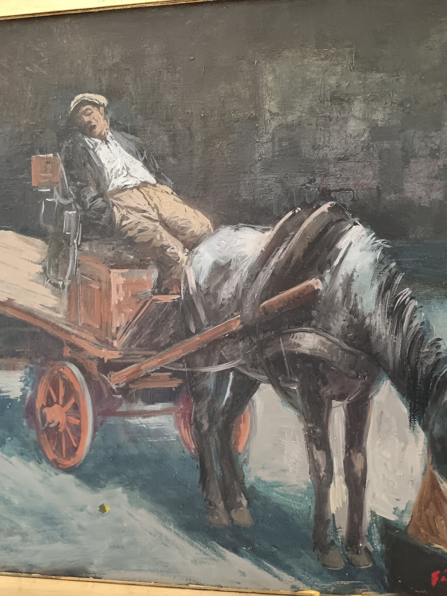 Gino Baratta – Carrettiere con Cavallo, Olio su Tela Firmato 1980, Quadro Vintage Italiano 50x40