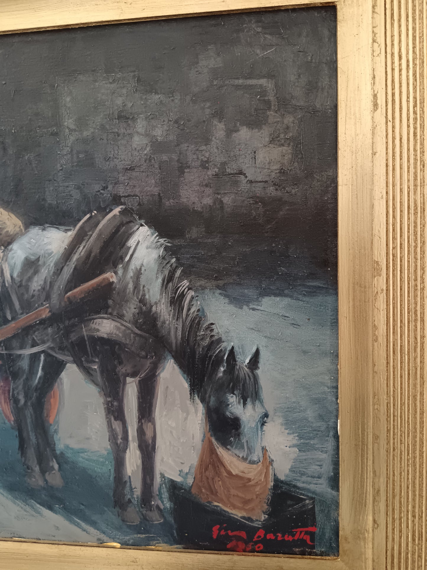 Gino Baratta – Carrettiere con Cavallo, Olio su Tela Firmato 1980, Quadro Vintage Italiano 50x40