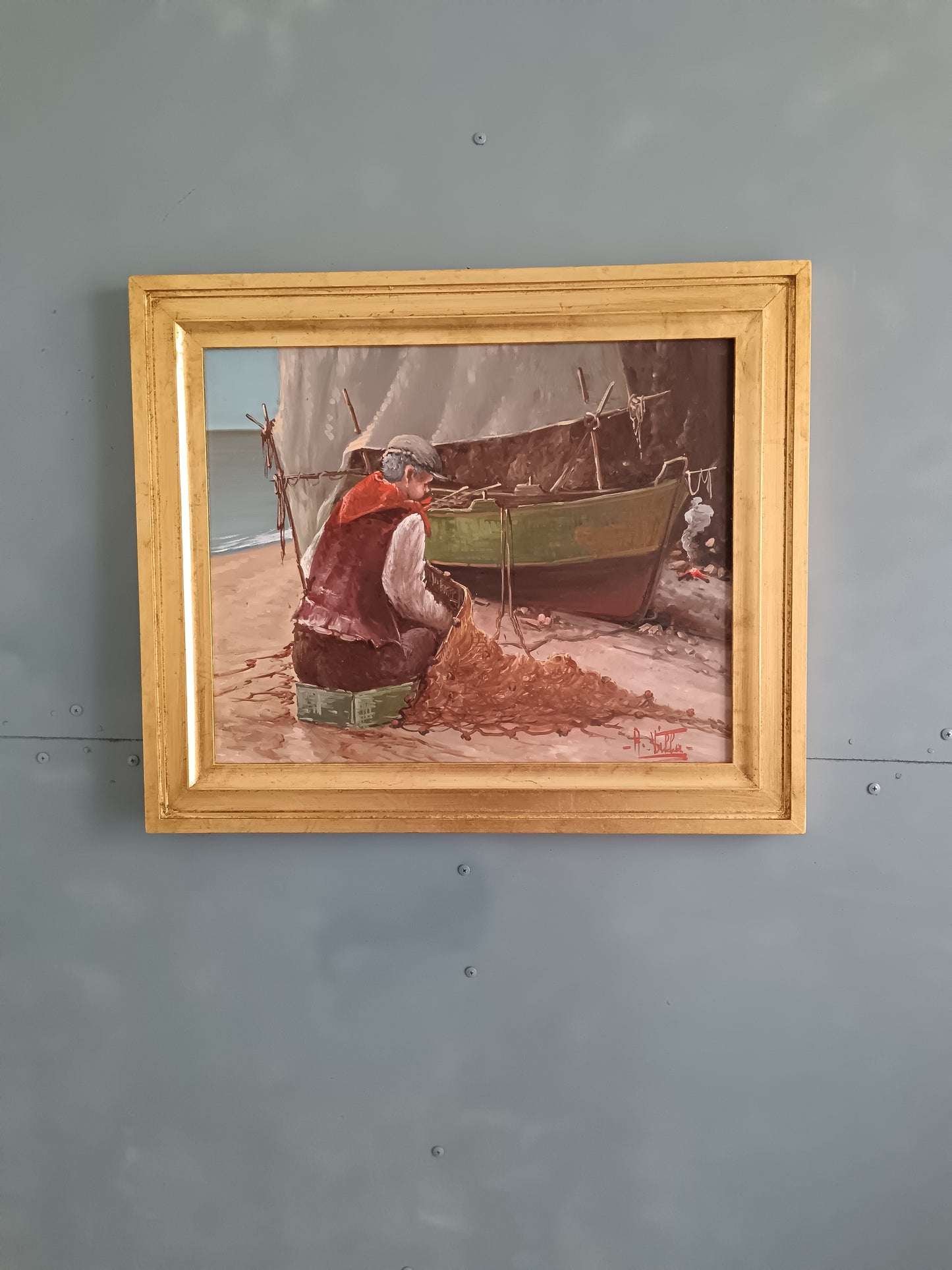 Goffredo Villa – Marina con Pescatore e Barca Olio su Tela 40x50 cm con Cornice Dorata