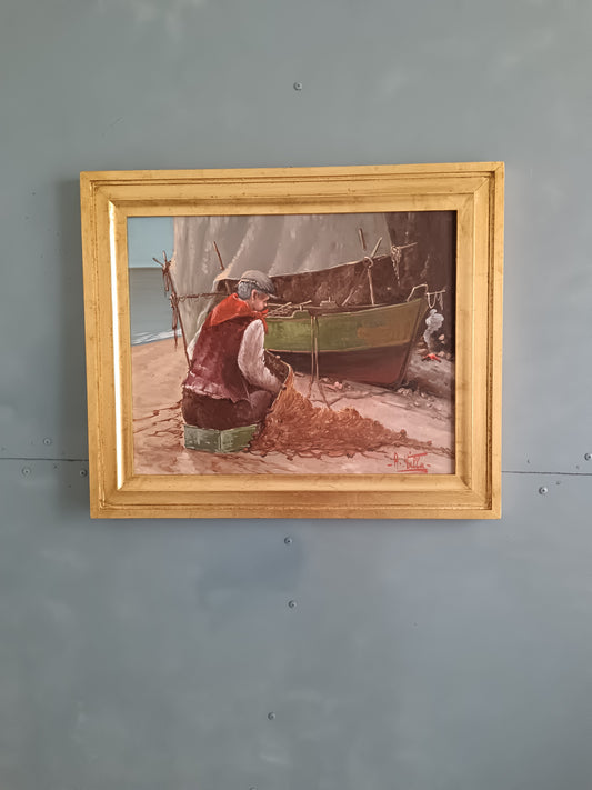 Goffredo Villa – Marina con Pescatore e Barca Olio su Tela 40x50 cm con Cornice Dorata