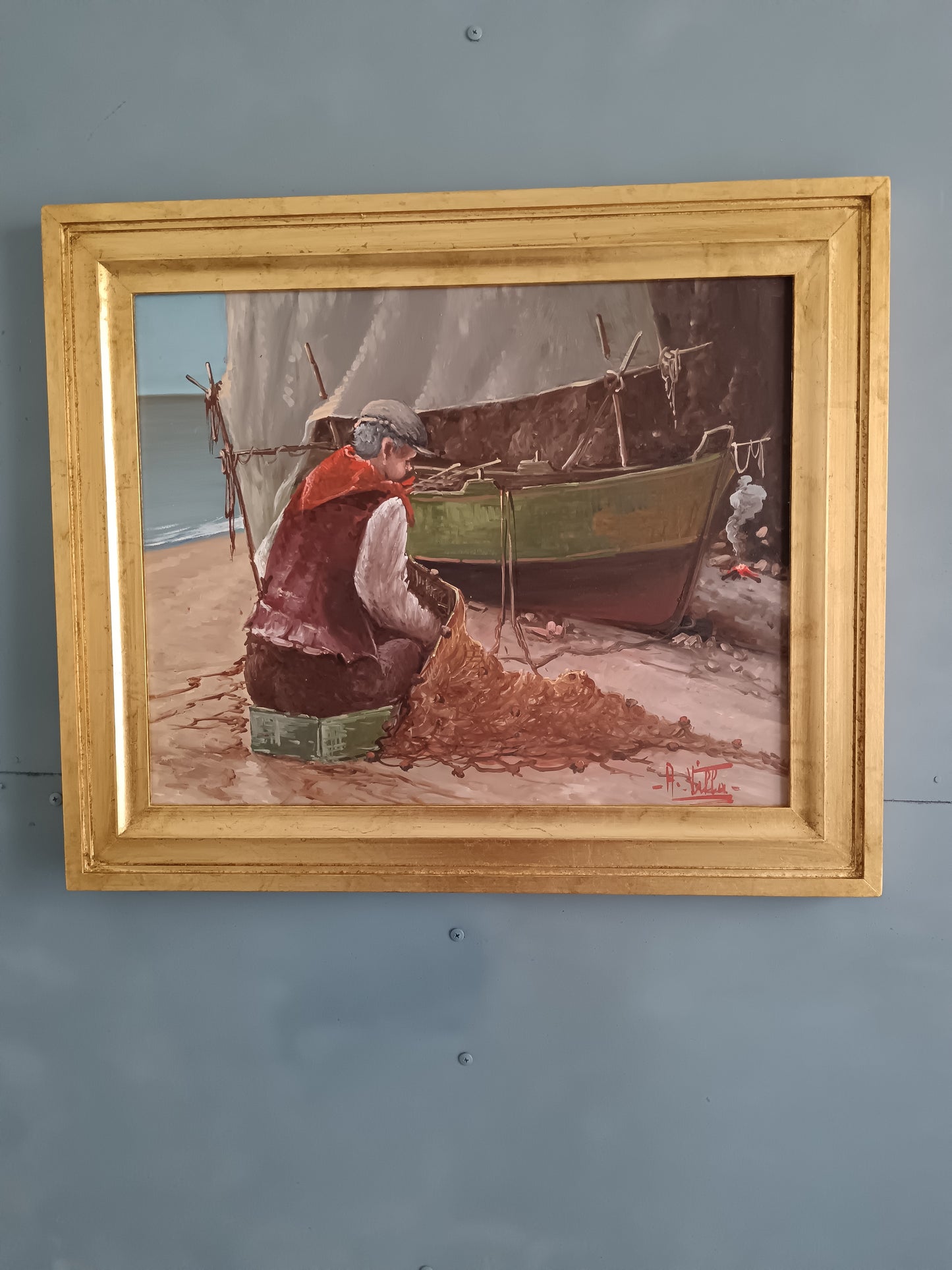 Goffredo Villa – Marina con Pescatore e Barca Olio su Tela 40x50 cm con Cornice Dorata