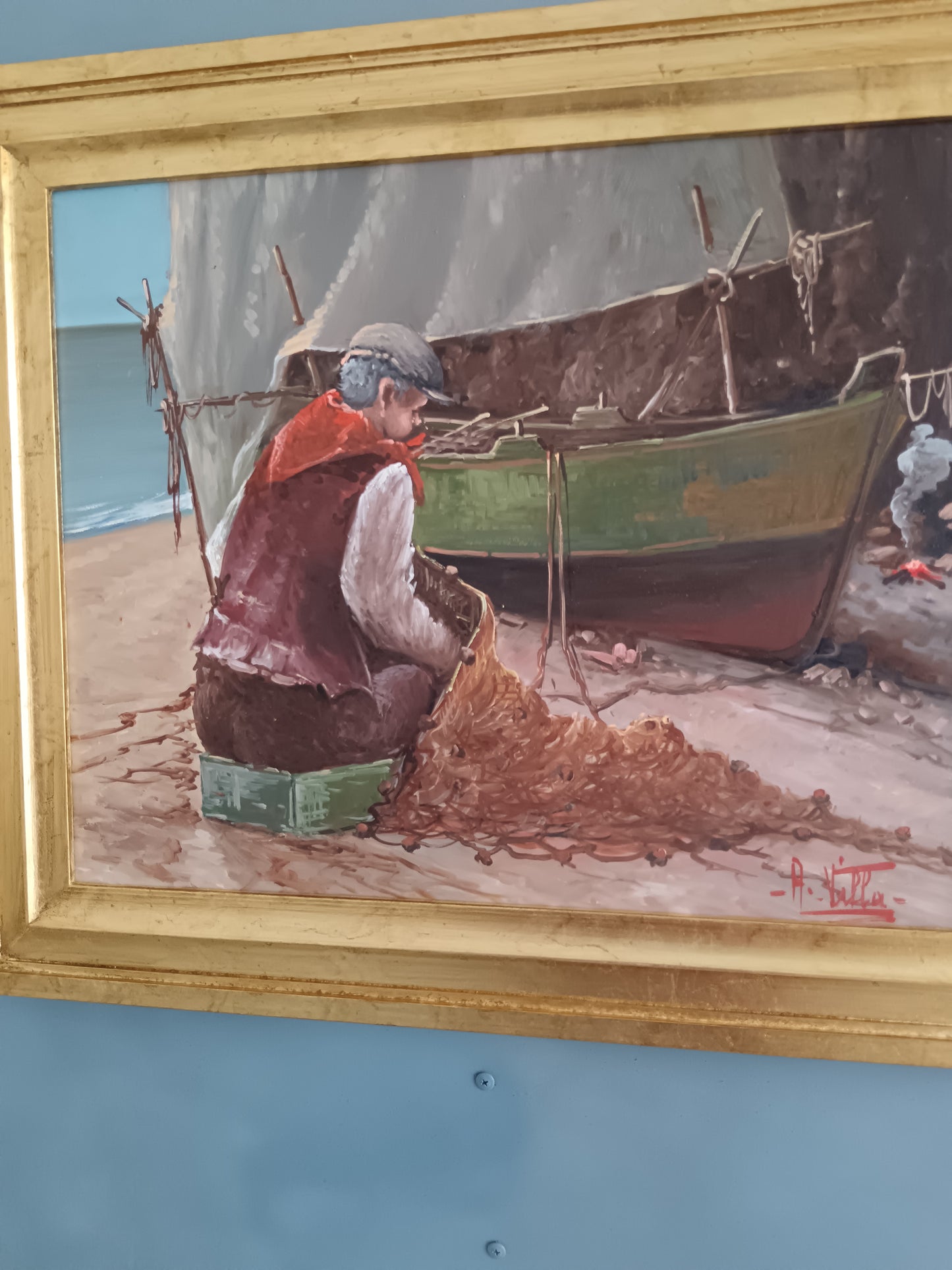 Goffredo Villa – Marina con Pescatore e Barca Olio su Tela 40x50 cm con Cornice Dorata