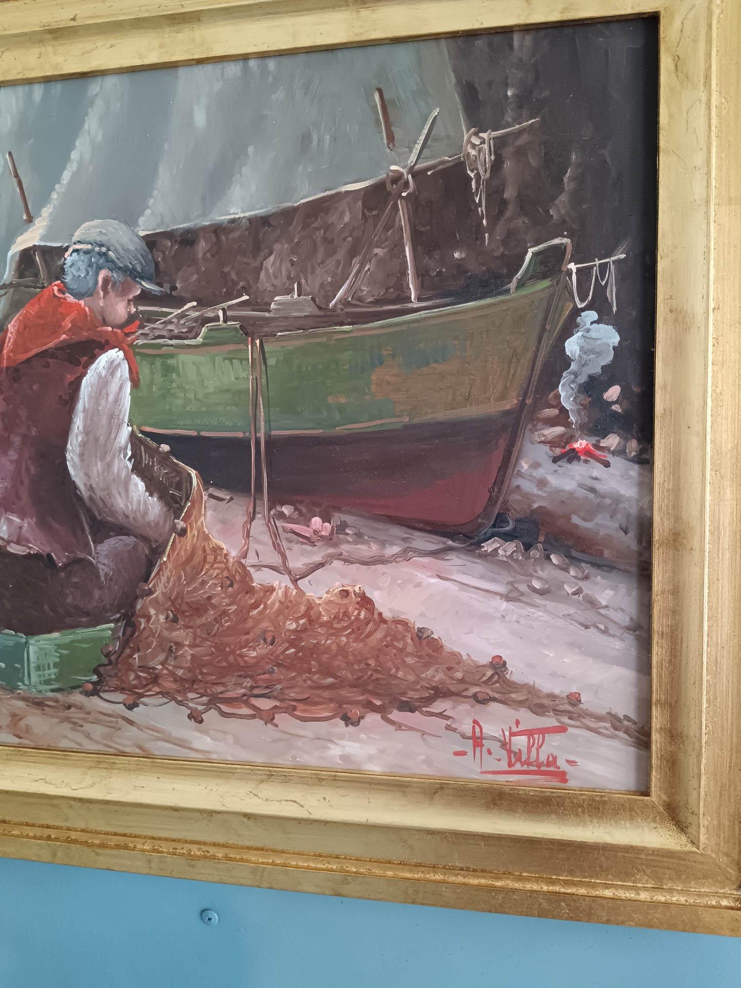 Goffredo Villa – Marina con Pescatore e Barca Olio su Tela 40x50 cm con Cornice Dorata