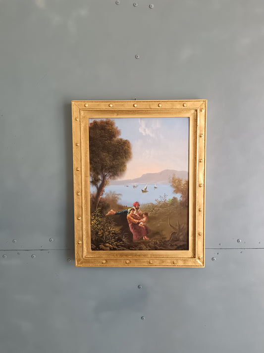 Elio Amoroso – Paesaggio Costiero con Figure e Barche  Olio su Tela 30x40 cm, Scuola Napoletana