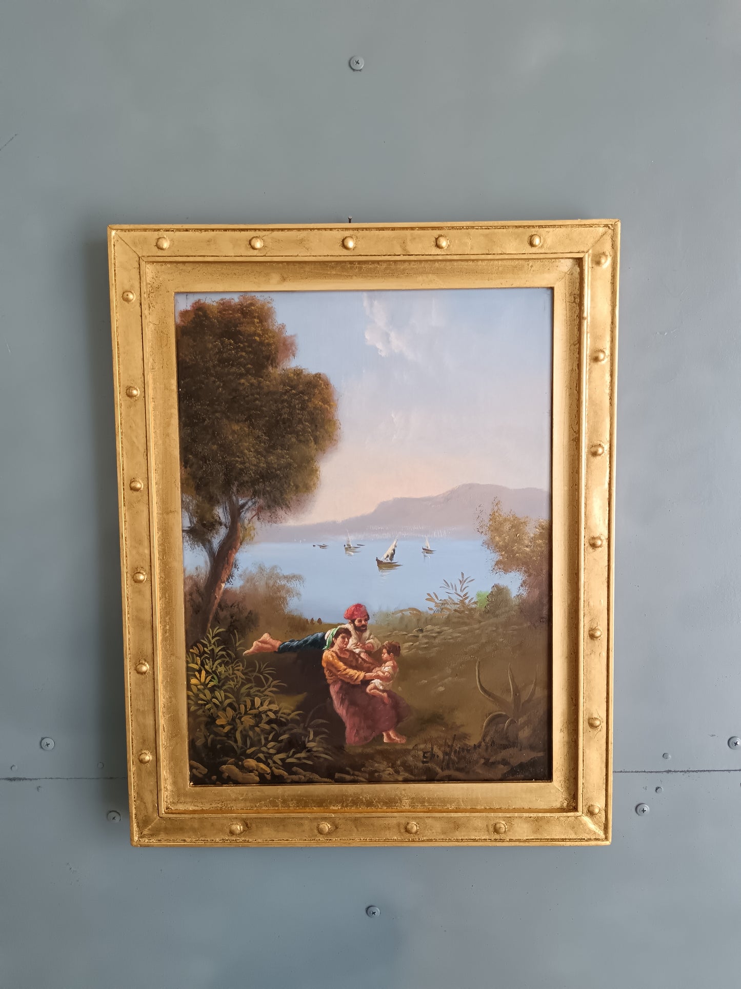 Elio Amoroso – Paesaggio Costiero con Figure e Barche  Olio su Tela 30x40 cm, Scuola Napoletana