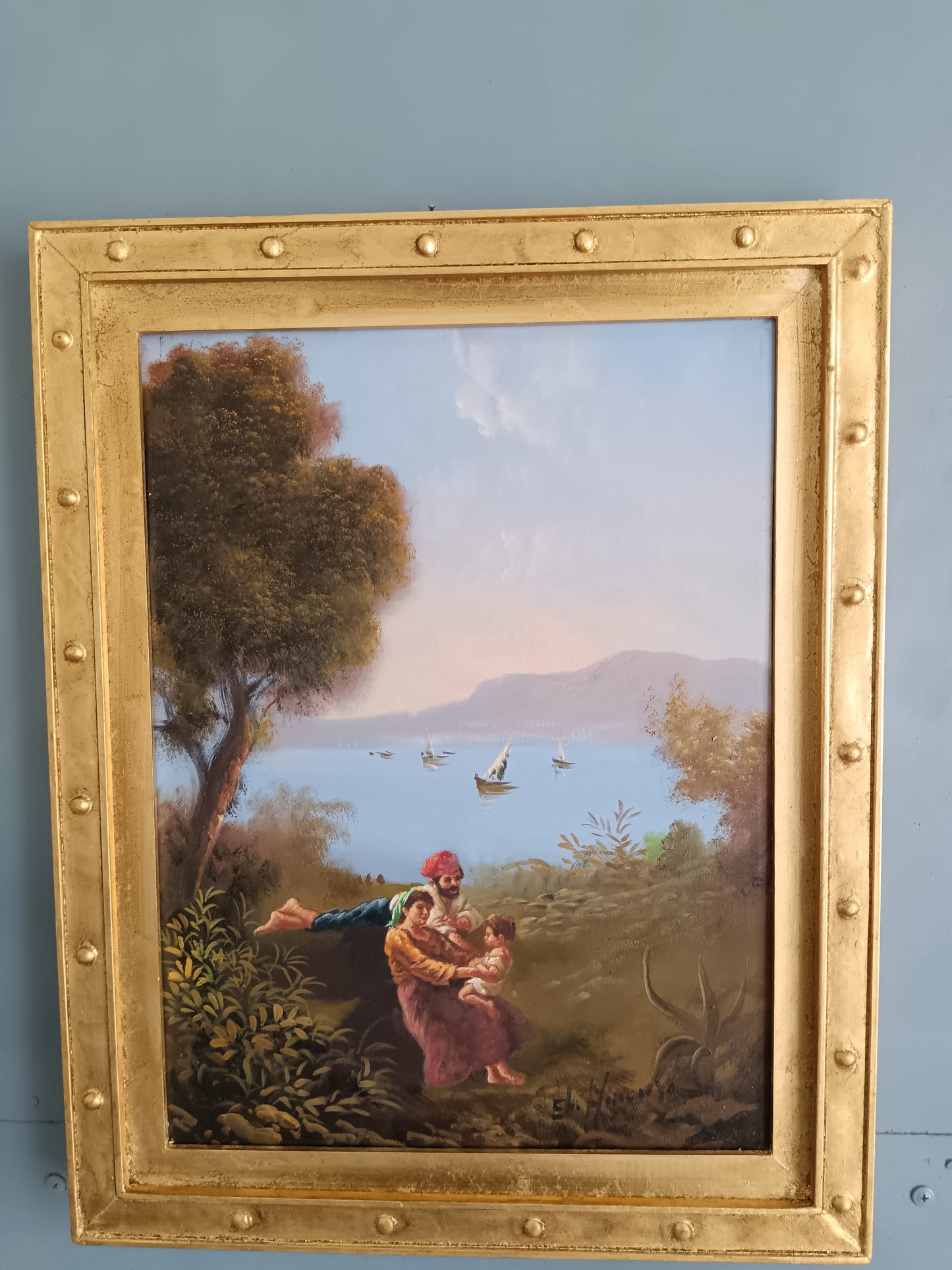 Elio Amoroso – Paesaggio Costiero con Figure e Barche  Olio su Tela 30x40 cm, Scuola Napoletana