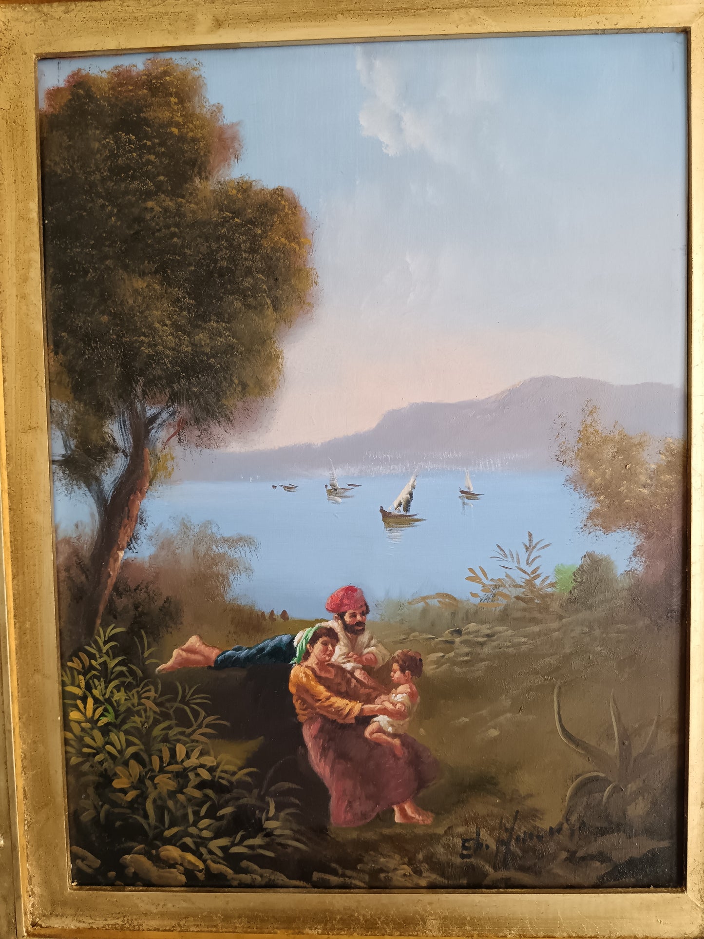 Elio Amoroso – Paesaggio Costiero con Figure e Barche  Olio su Tela 30x40 cm, Scuola Napoletana