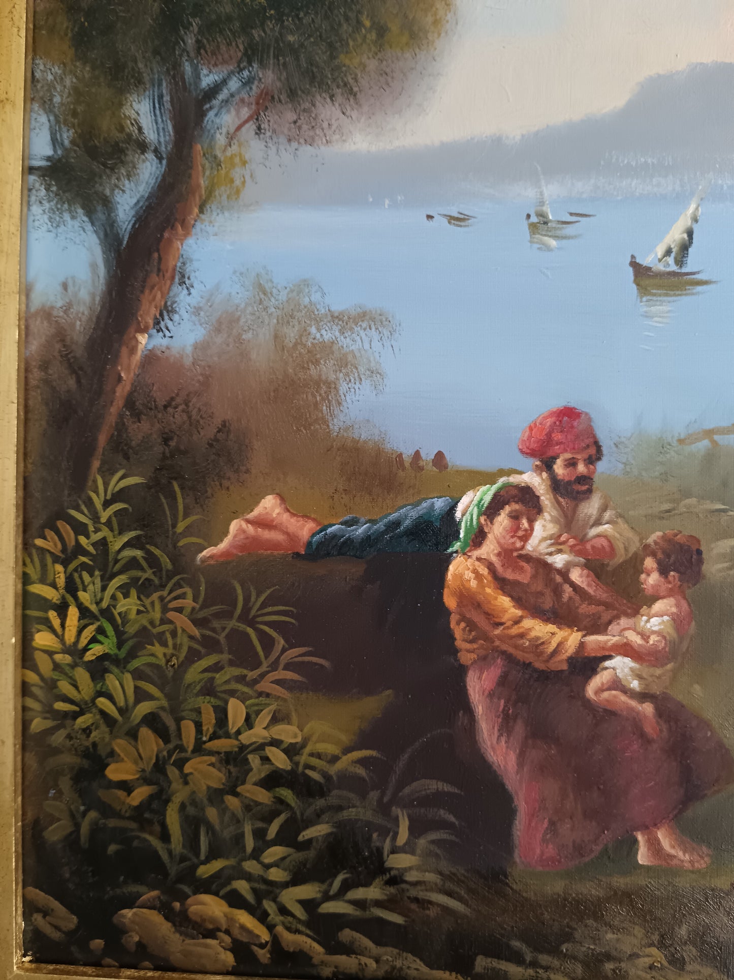 Elio Amoroso – Paesaggio Costiero con Figure e Barche  Olio su Tela 30x40 cm, Scuola Napoletana