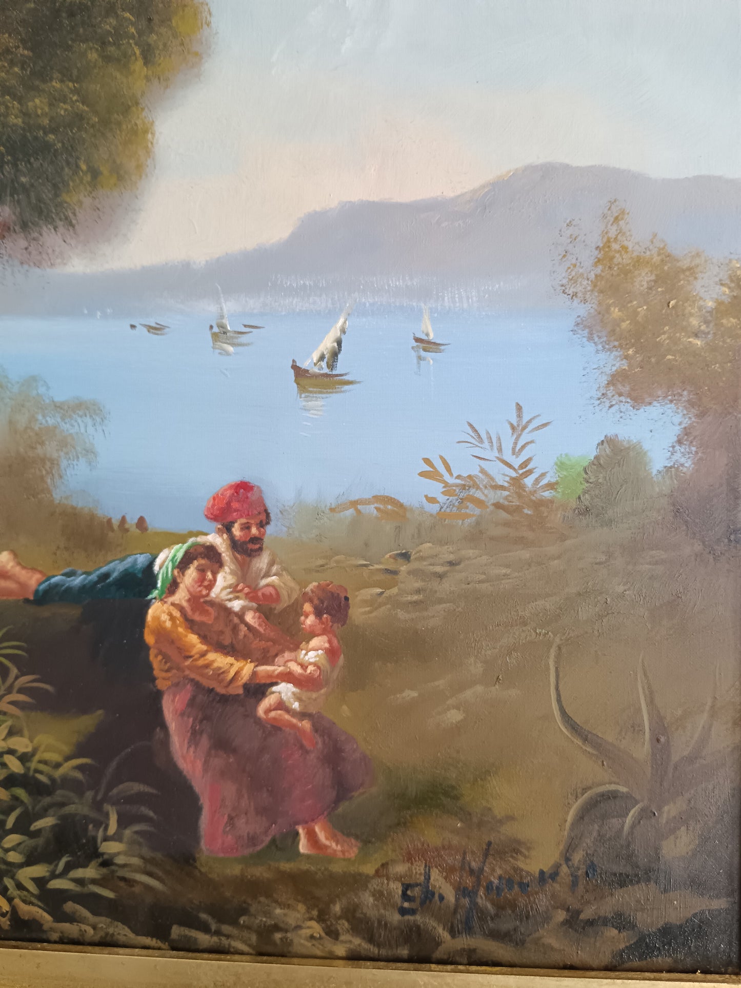 Elio Amoroso – Paesaggio Costiero con Figure e Barche  Olio su Tela 30x40 cm, Scuola Napoletana