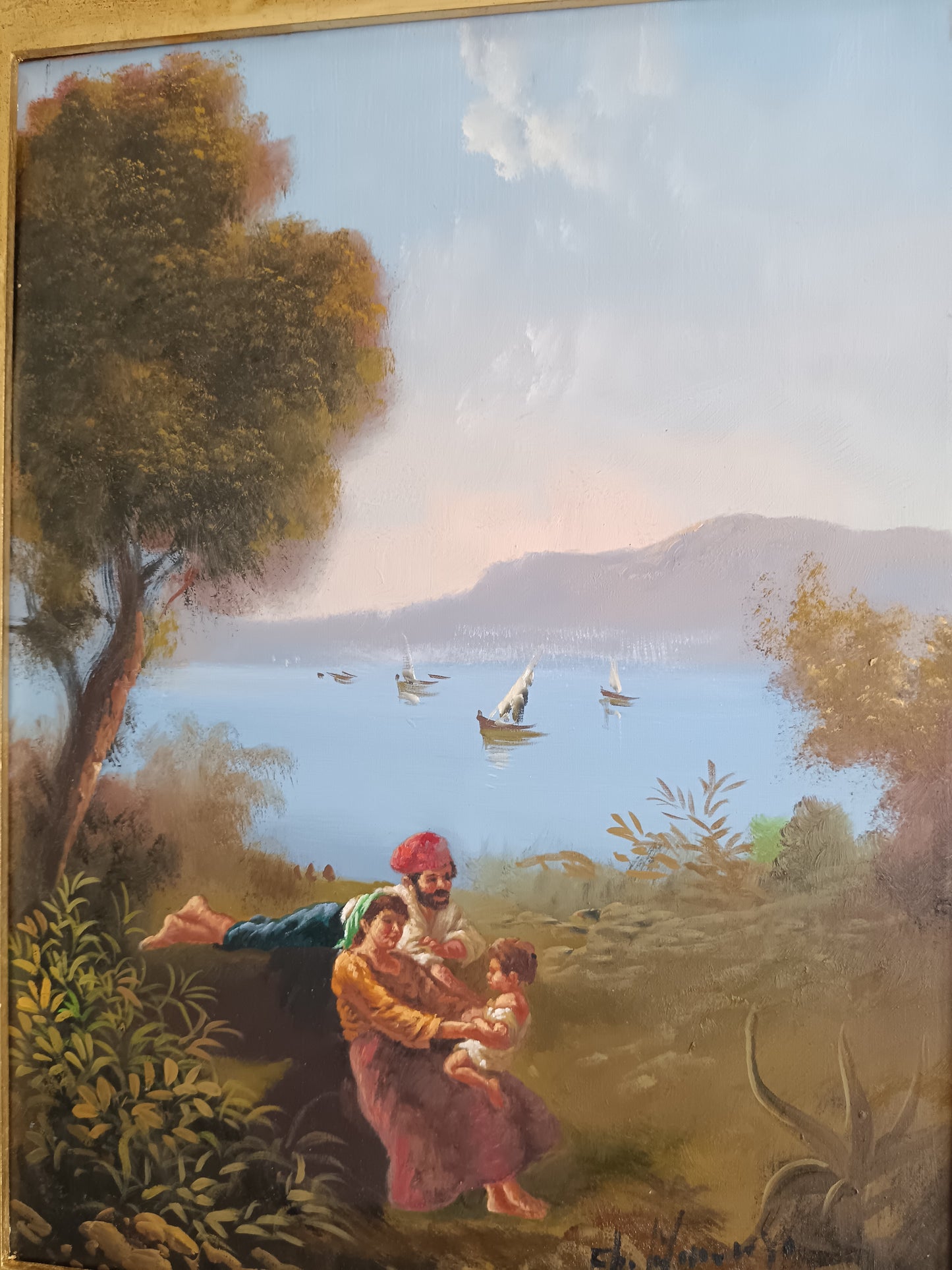 Elio Amoroso – Paesaggio Costiero con Figure e Barche  Olio su Tela 30x40 cm, Scuola Napoletana