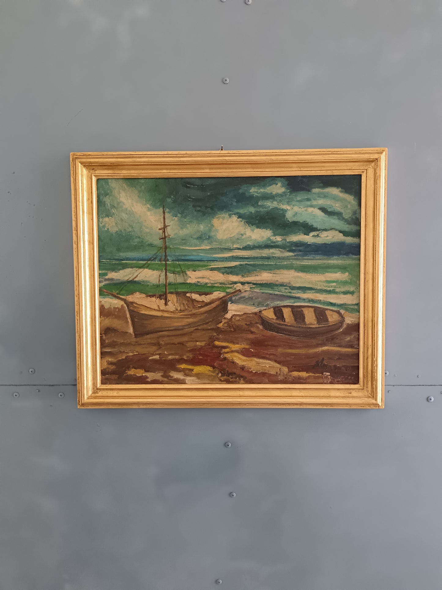 Marina con Barche sulla Battigia – Dipinto Olio su Cartoncino Telato Firmato