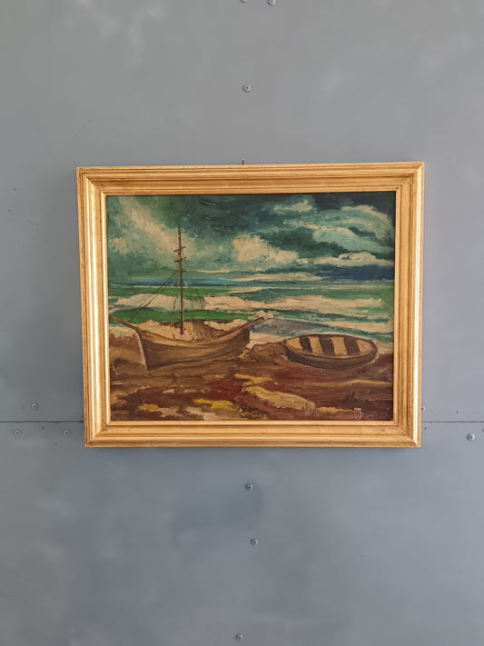 Marina con Barche sulla Battigia – Dipinto Olio su Cartoncino Telato Firmato