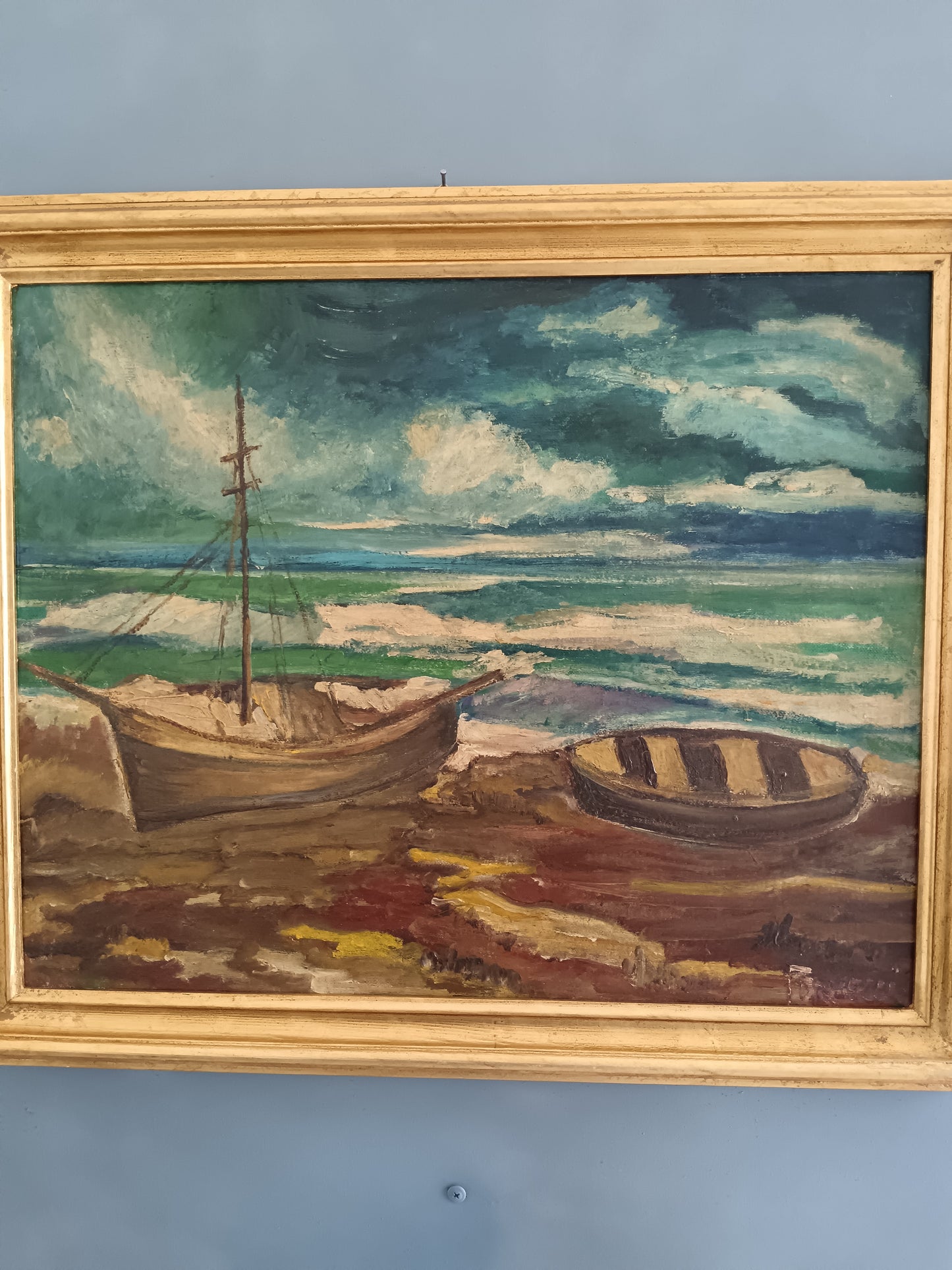 Marina con Barche sulla Battigia – Dipinto Olio su Cartoncino Telato Firmato