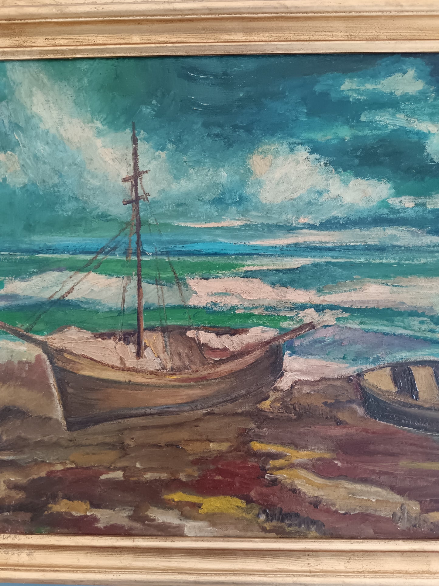 Marina con Barche sulla Battigia – Dipinto Olio su Cartoncino Telato Firmato