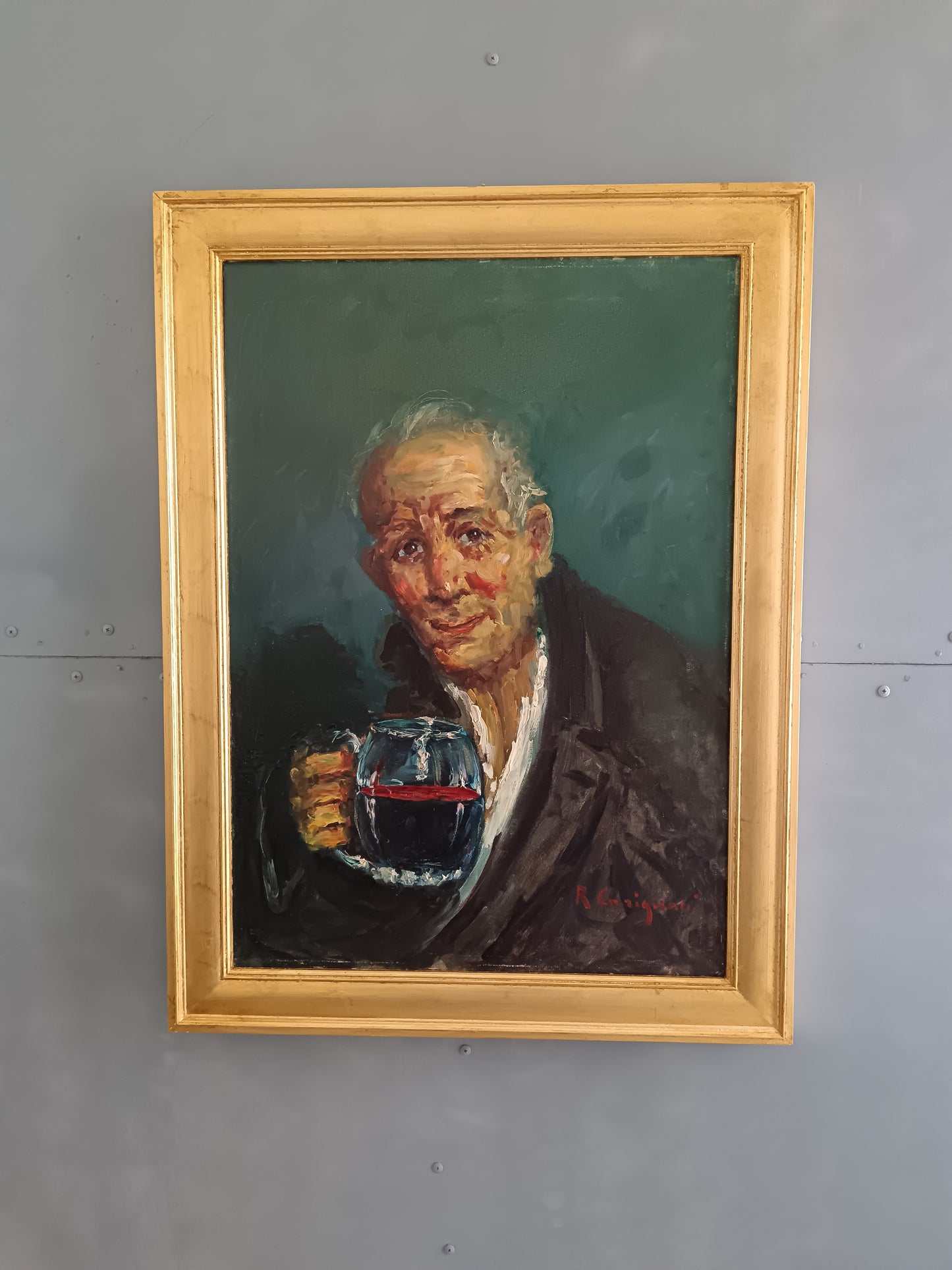 Roberto Carignani (1894-1975) – Ritratto di Anziano con Bicchiere di Vino – Olio su Tela
