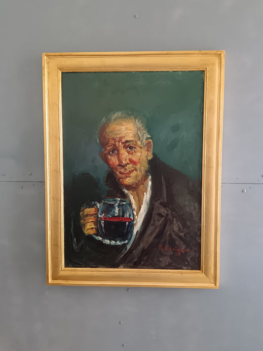 Roberto Carignani (1894-1975) – Ritratto di Anziano con Bicchiere di Vino – Olio su Tela