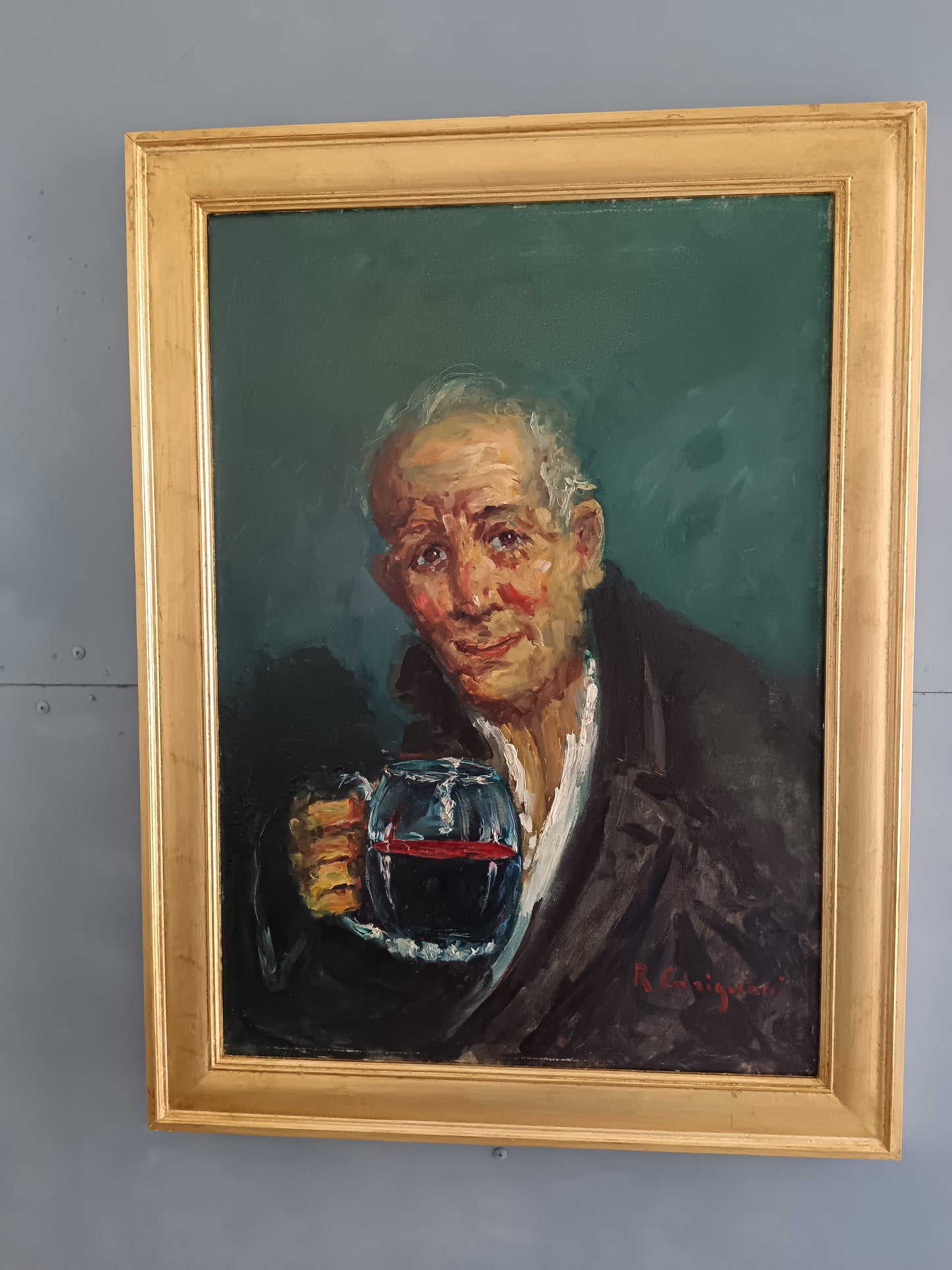 Roberto Carignani (1894-1975) – Ritratto di Anziano con Bicchiere di Vino – Olio su Tela