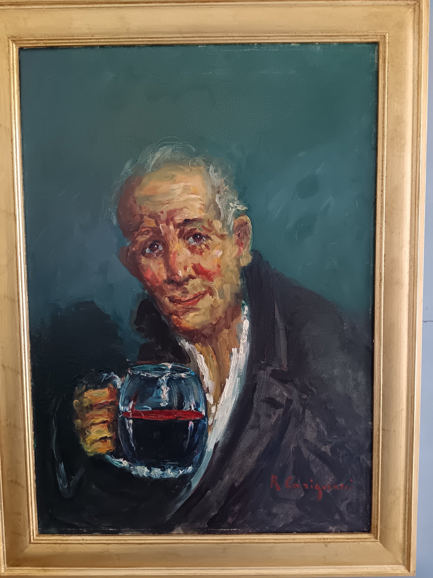 Roberto Carignani (1894-1975) – Ritratto di Anziano con Bicchiere di Vino – Olio su Tela