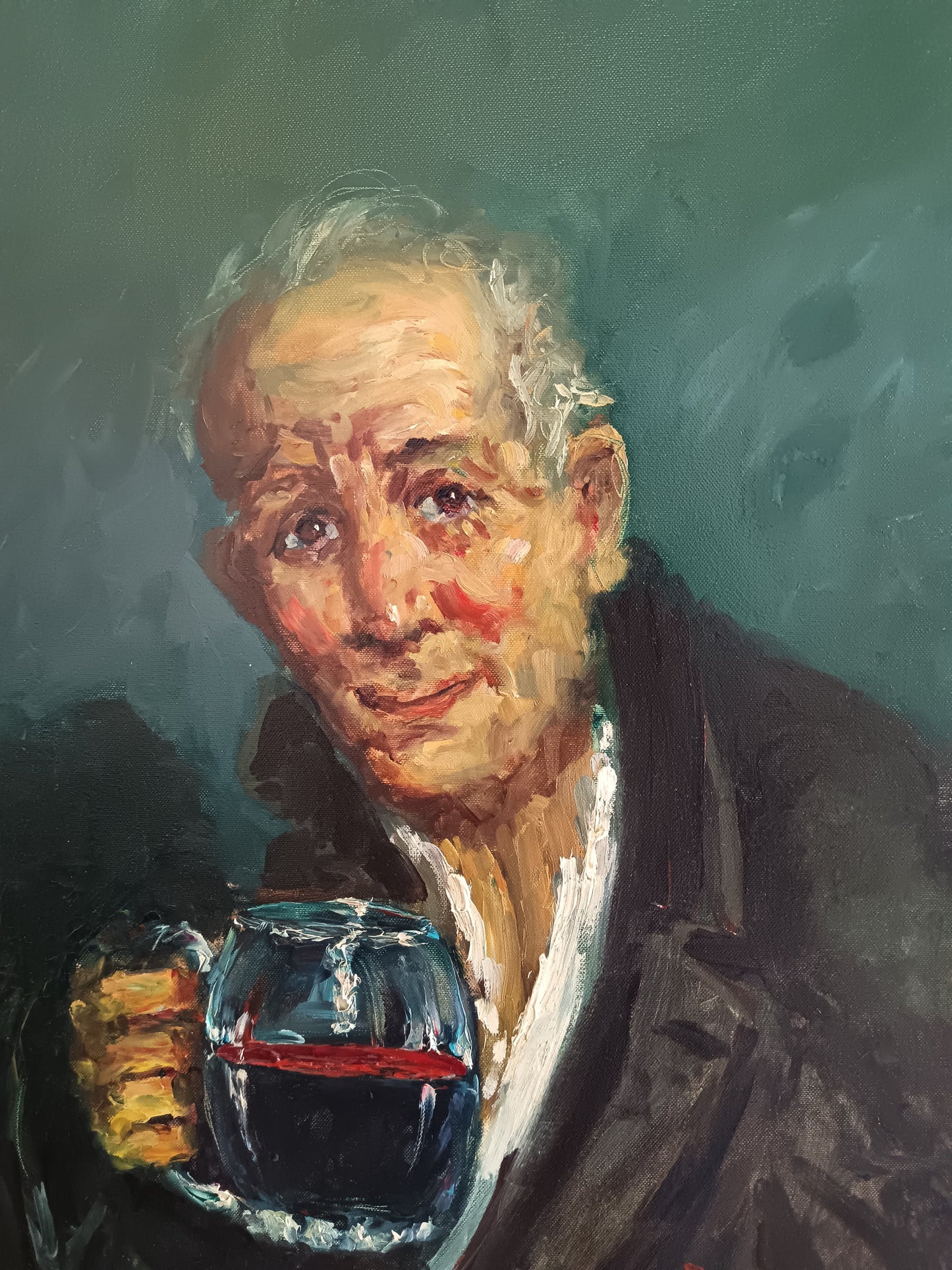 Roberto Carignani (1894-1975) – Ritratto di Anziano con Bicchiere di Vino – Olio su Tela