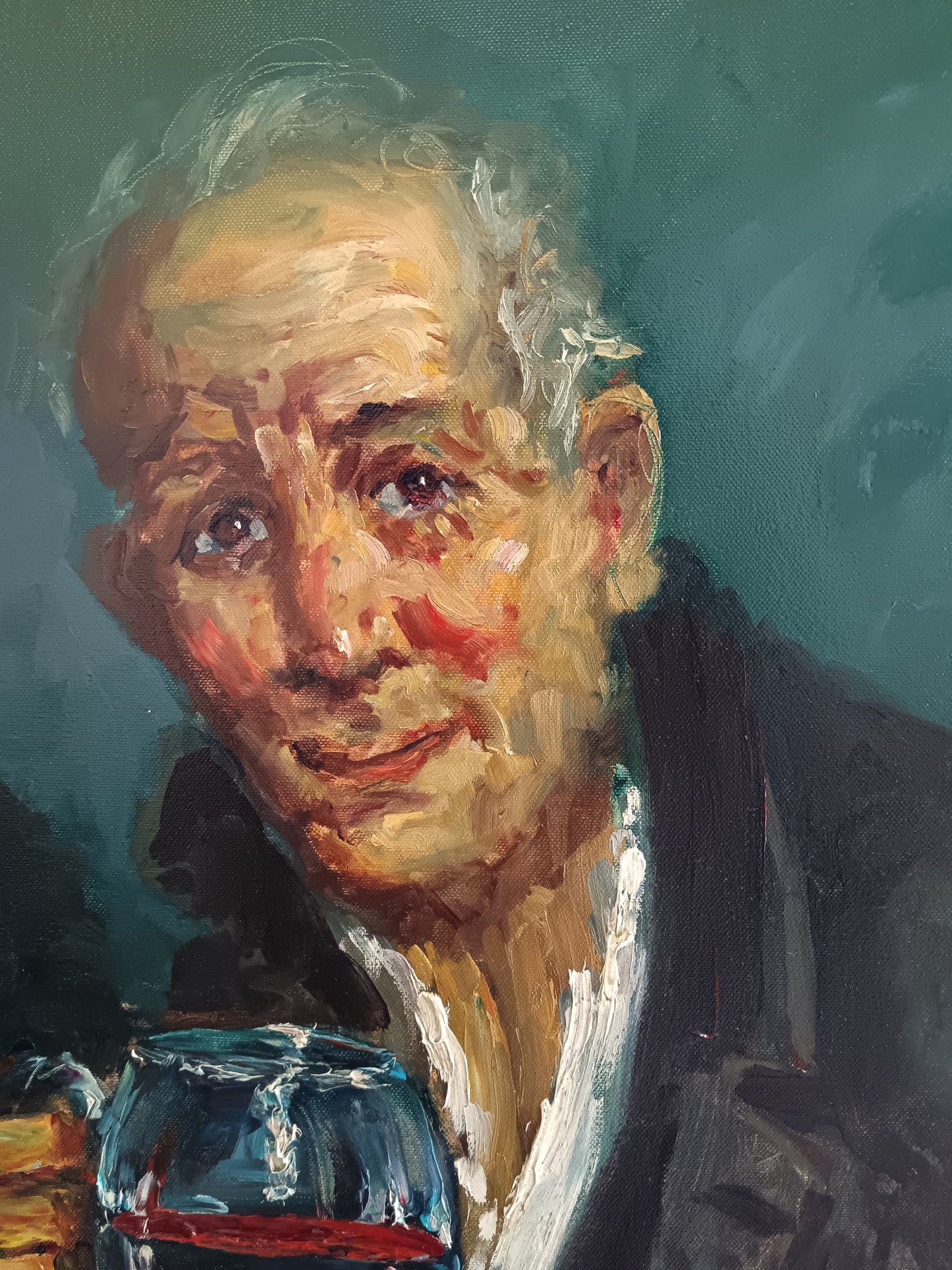 Roberto Carignani (1894-1975) – Ritratto di Anziano con Bicchiere di Vino – Olio su Tela