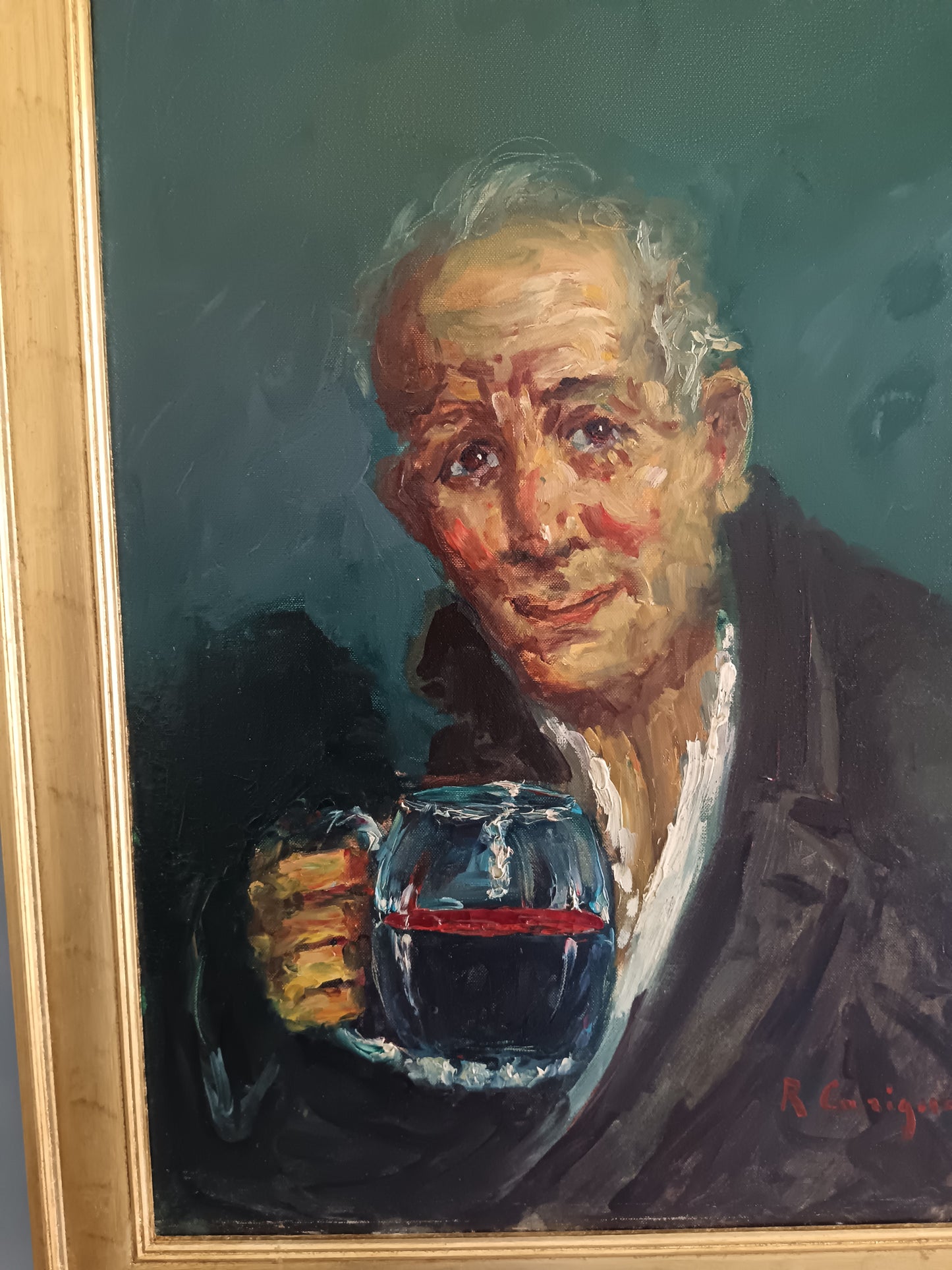 Roberto Carignani (1894-1975) – Ritratto di Anziano con Bicchiere di Vino – Olio su Tela