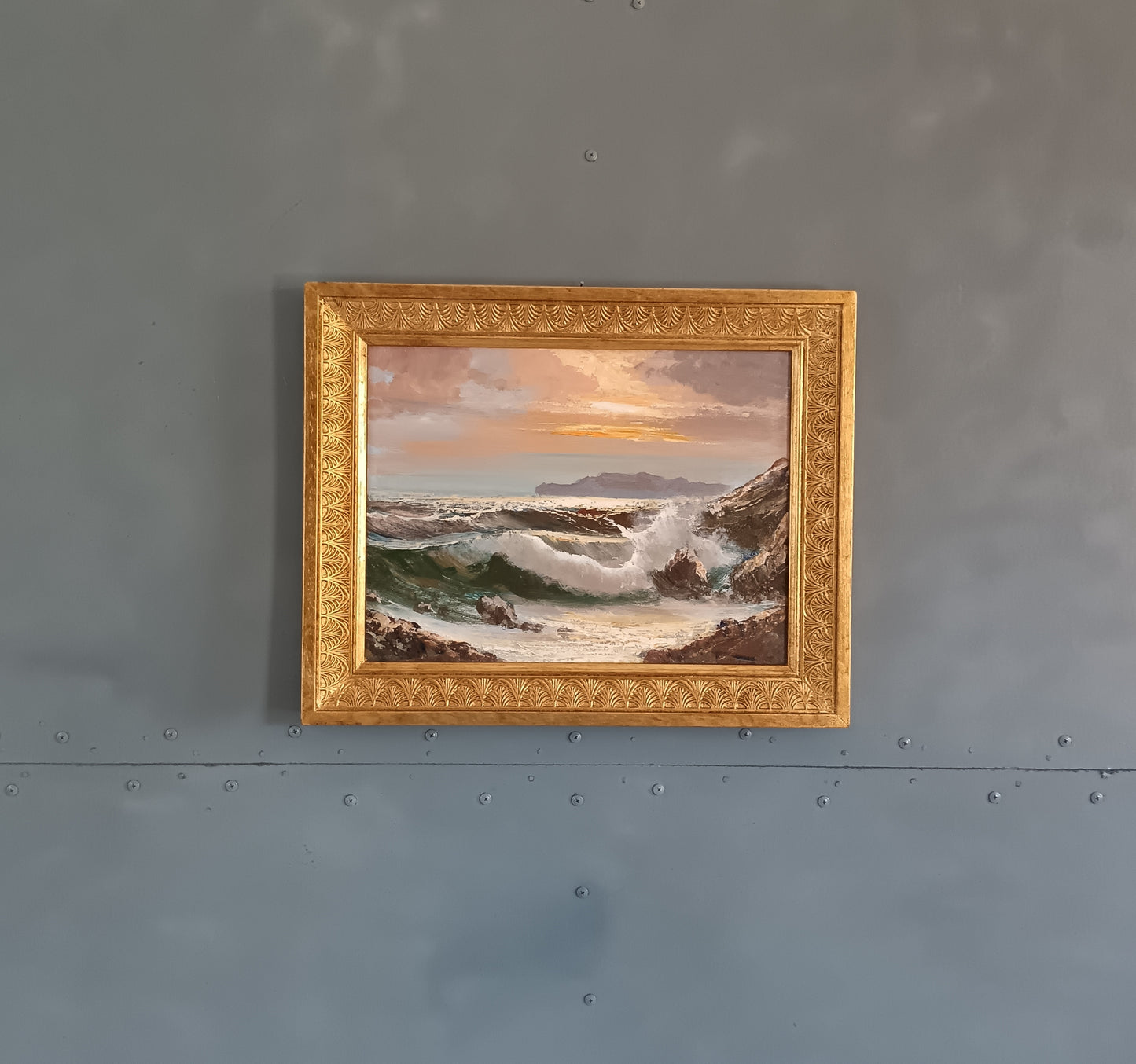 Bruno Di Giulio XX secolo Marina al Tramonto con Onde sugli Scoglio Olio su Tela