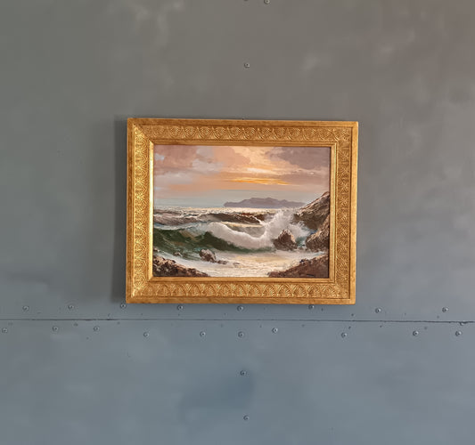 Bruno Di Giulio XX secolo Marina al Tramonto con Onde sugli Scoglio Olio su Tela