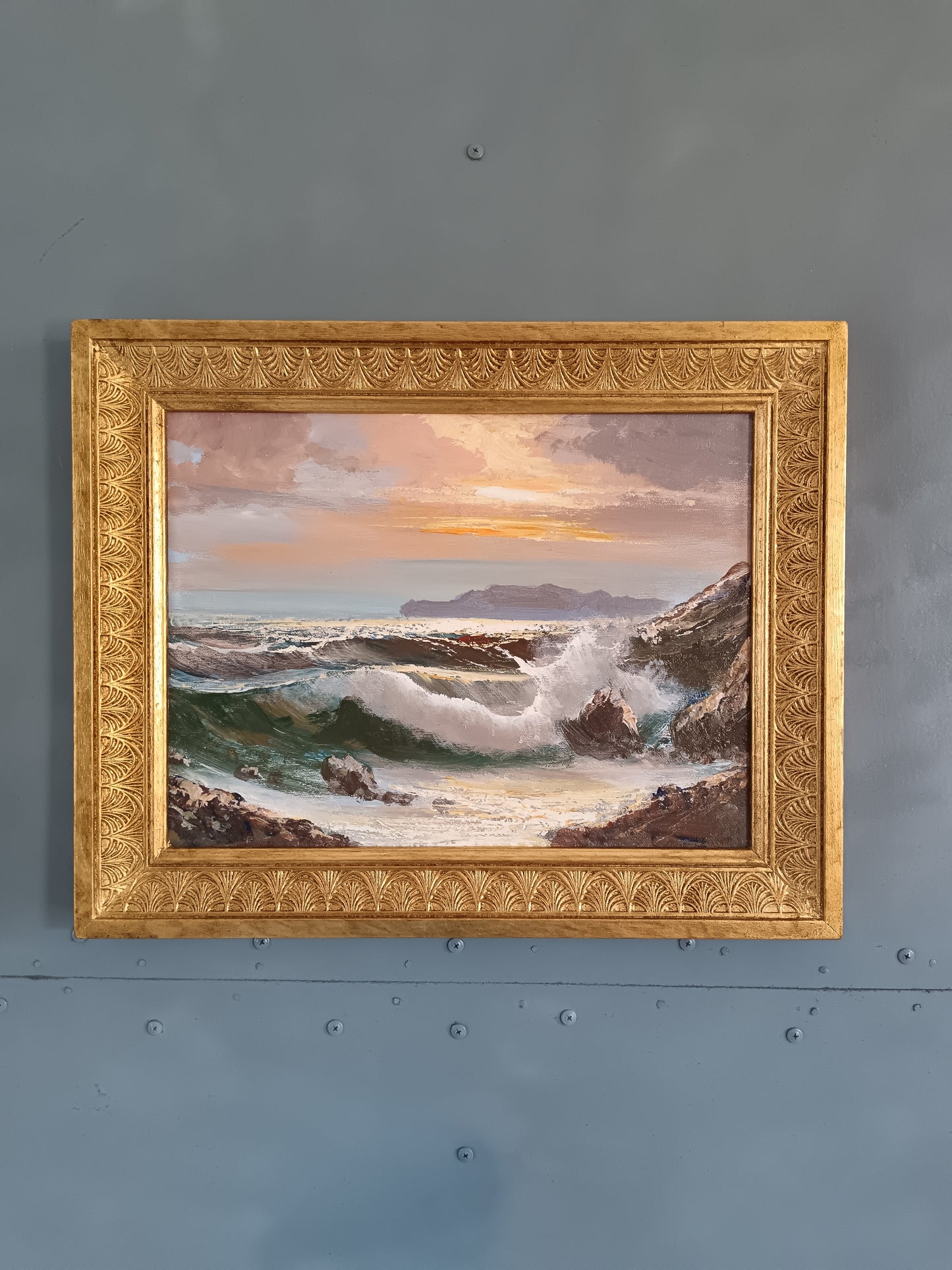 Bruno Di Giulio XX secolo Marina al Tramonto con Onde sugli Scoglio Olio su Tela