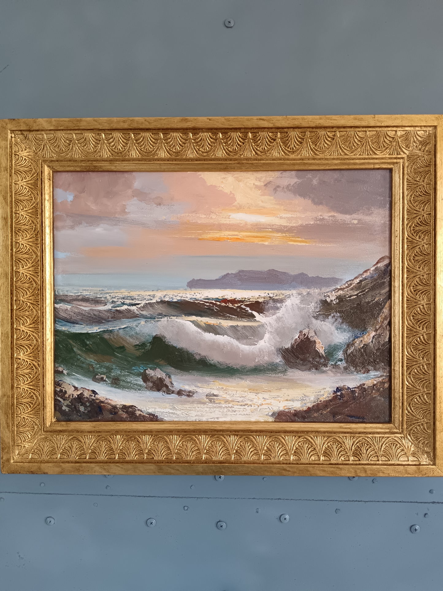 Bruno Di Giulio XX secolo Marina al Tramonto con Onde sugli Scoglio Olio su Tela