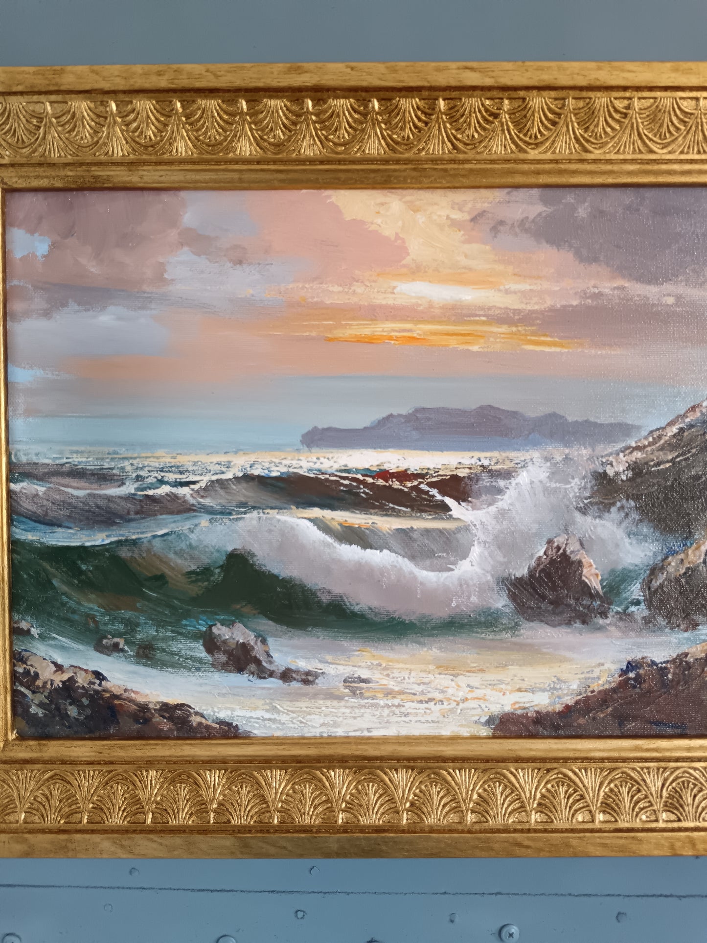 Bruno Di Giulio XX secolo Marina al Tramonto con Onde sugli Scoglio Olio su Tela