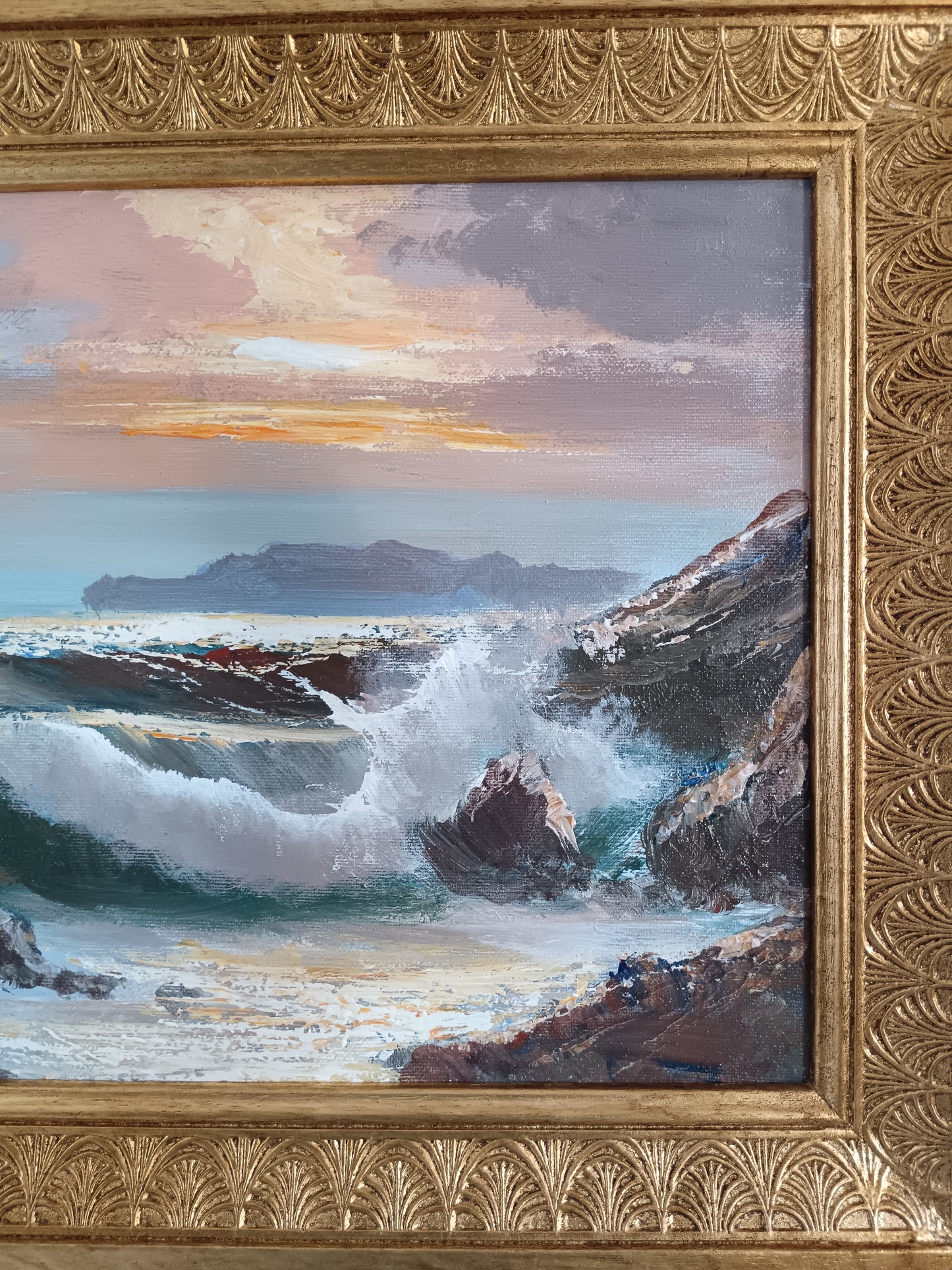 Bruno Di Giulio XX secolo Marina al Tramonto con Onde sugli Scoglio Olio su Tela