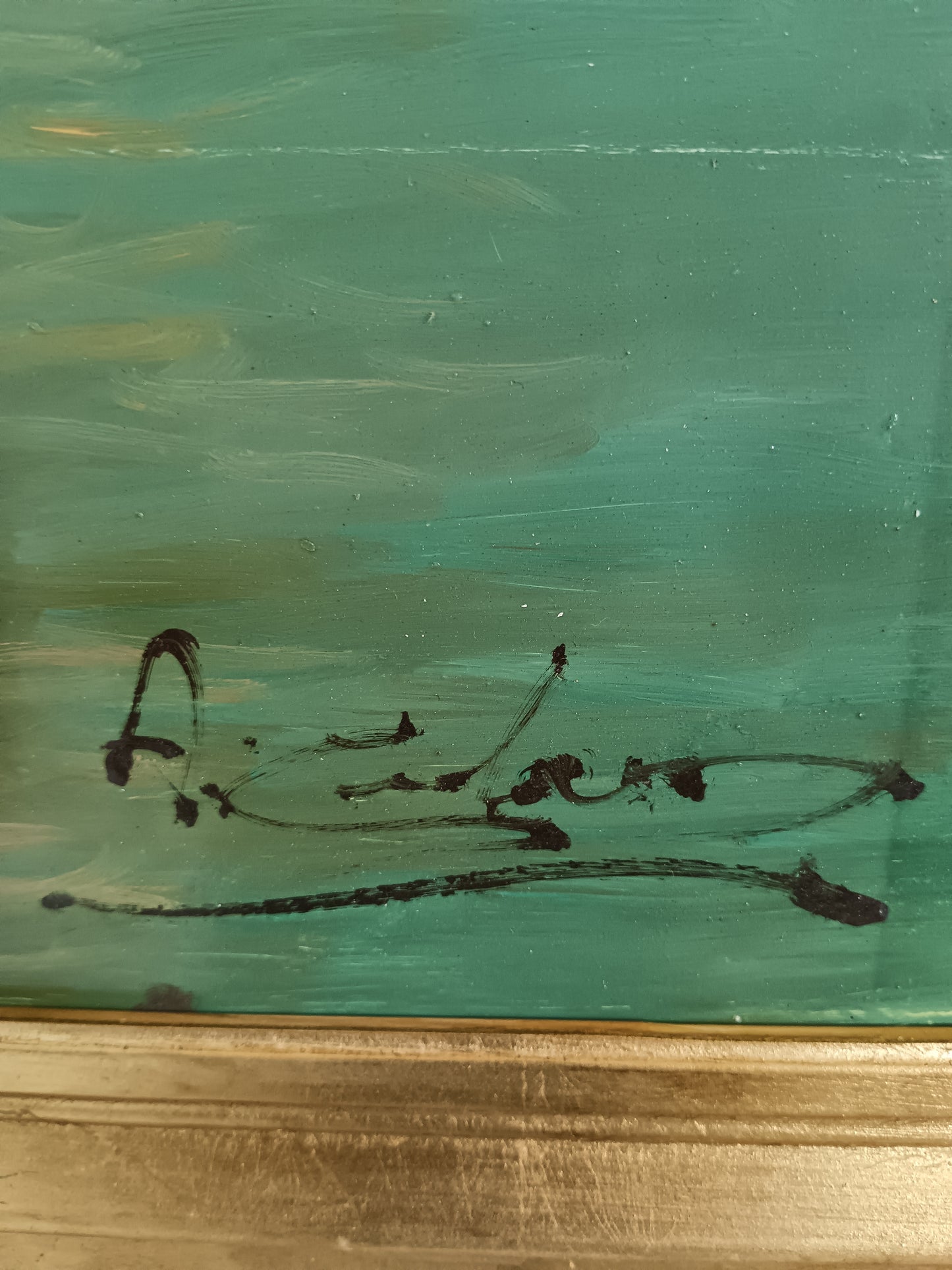 Paesaggio Costiero Mediterraneo Olio su Pannello con Barche e Borgo Marino.