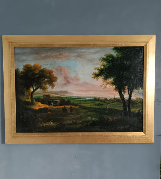 Grande Paesaggio Bucolico al Tramonto Olio su Tela Prima Metà ’900.