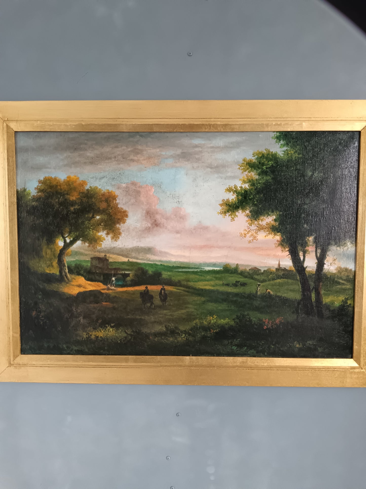Grande Paesaggio Bucolico al Tramonto Olio su Tela Prima Metà ’900.