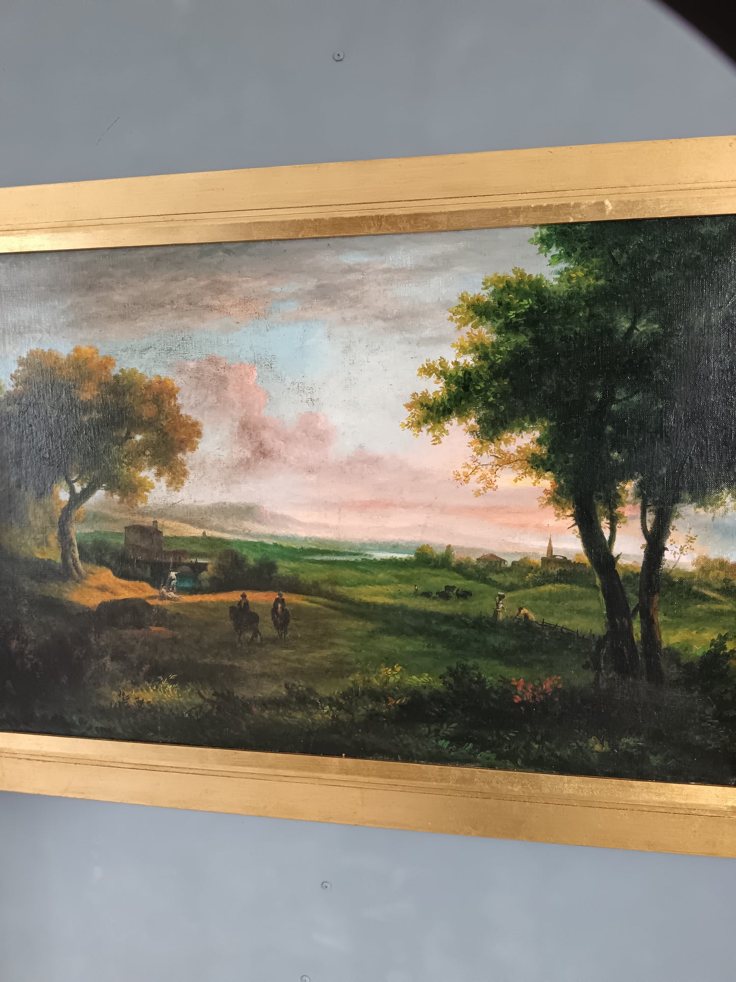 Grande Paesaggio Bucolico al Tramonto Olio su Tela Prima Metà ’900.