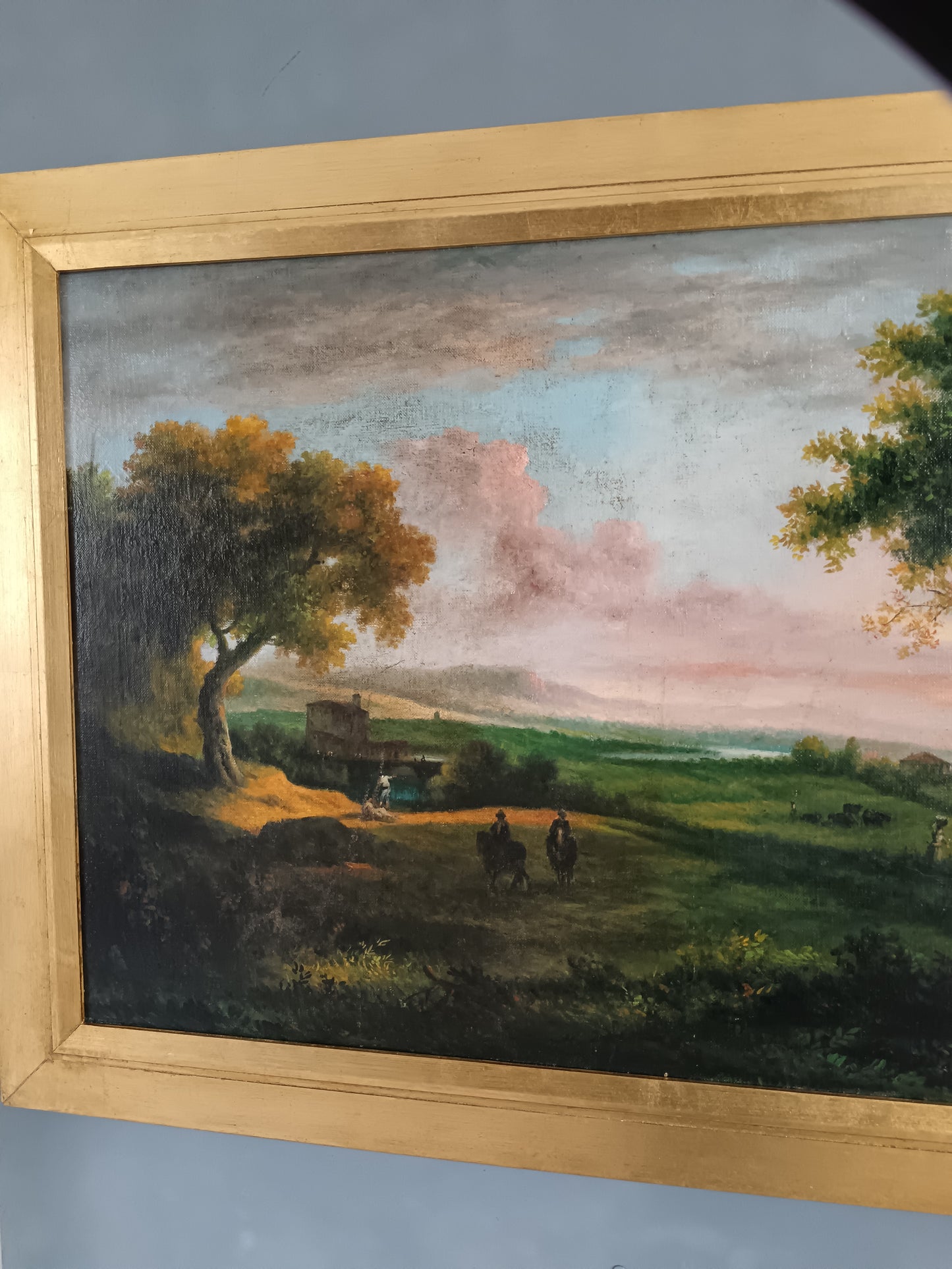 Grande Paesaggio Bucolico al Tramonto Olio su Tela Prima Metà ’900.
