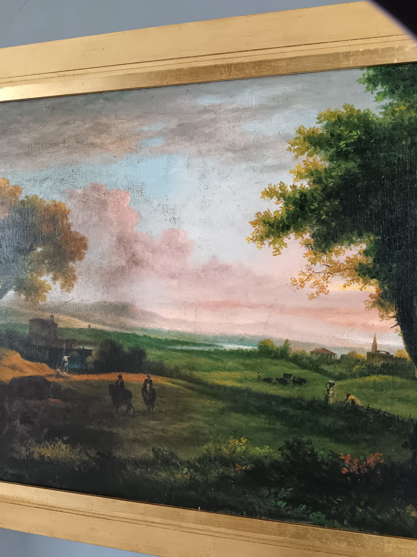 Grande Paesaggio Bucolico al Tramonto Olio su Tela Prima Metà ’900.