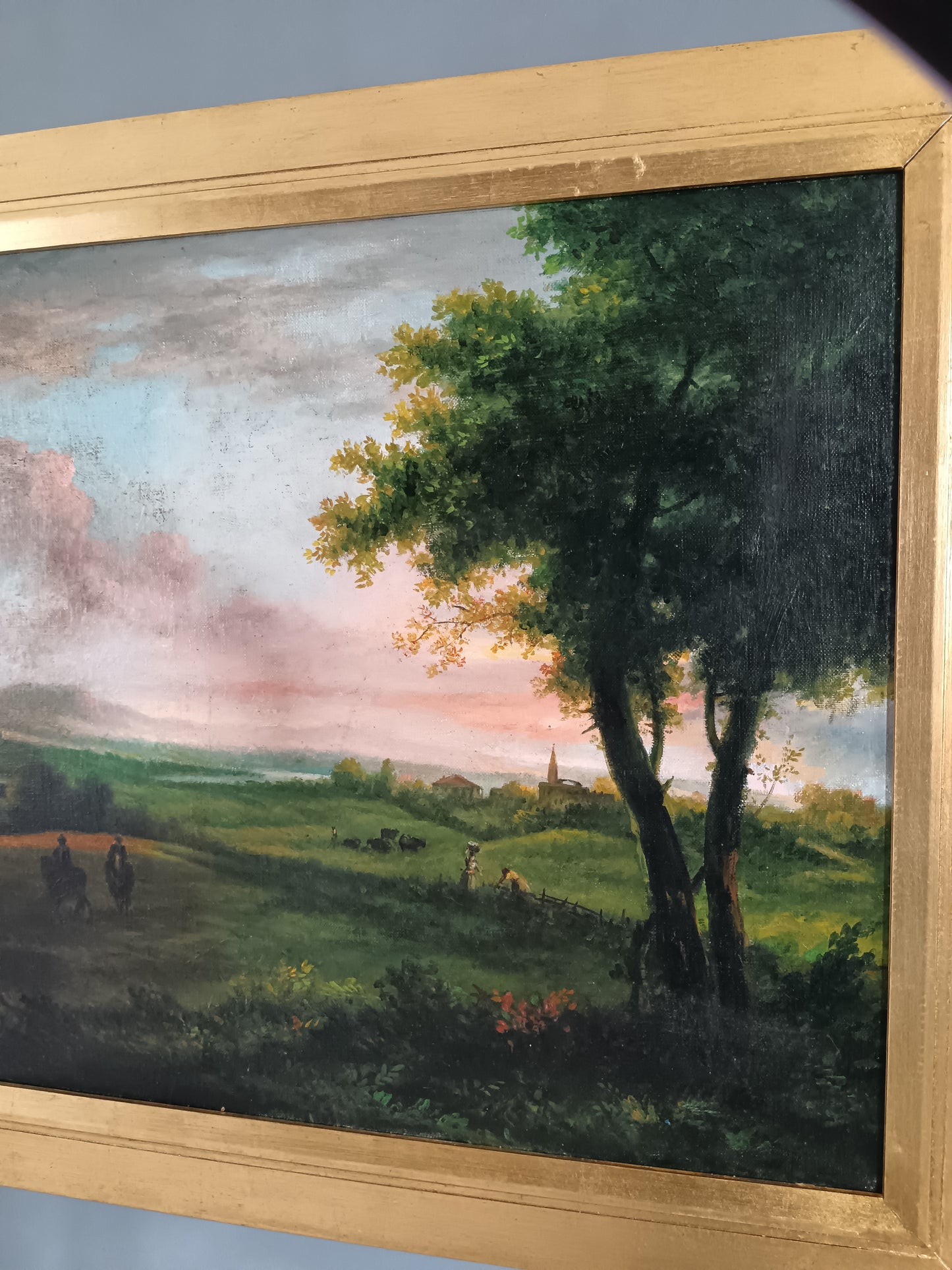 Grande Paesaggio Bucolico al Tramonto Olio su Tela Prima Metà ’900.