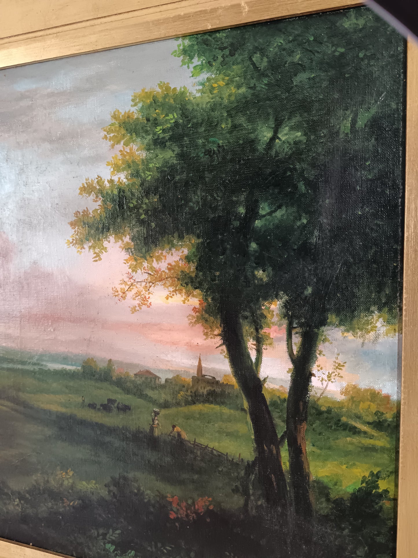 Grande Paesaggio Bucolico al Tramonto Olio su Tela Prima Metà ’900.